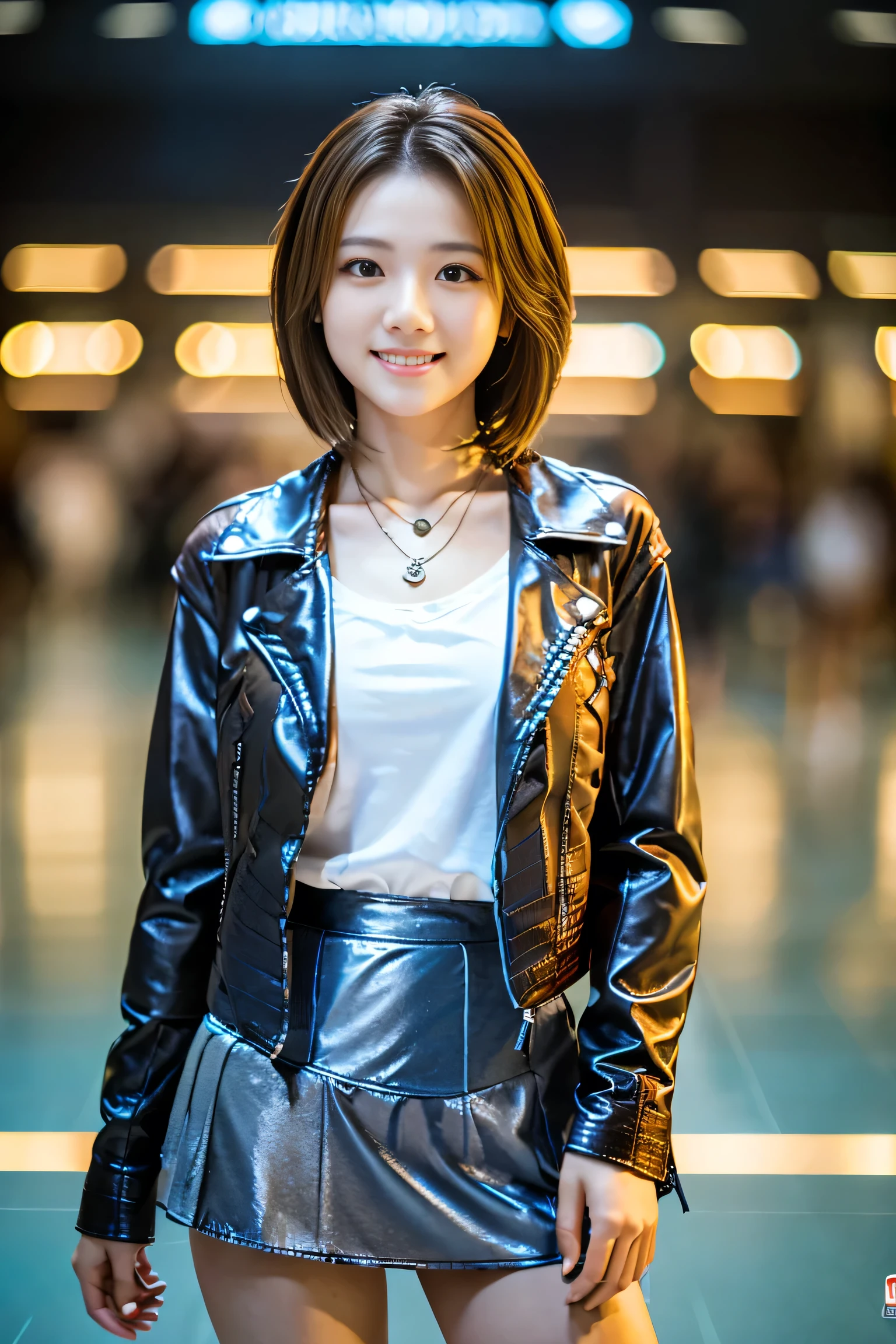(Full body shot from head to toe:1.5),(18-year-old female),((Mini tight skirt:1.5)), (The best quality at its best:1.4), (Super detailed), (Very detailed CG unified 16k), Beautiful woman with perfect figure: 1.4, Sharp focus: 1.2, Very detailed, High-quality RAW color photos, Professional photography, Great face and eyes, Beautiful eyelashes、(Amazingly beautiful girl),((Leather jacket:1.5)), Are standing, Sexy posture,(airport:1.3), (View from below), Realistic movie faces, Realistic, ((Natural light brown hair color, Realistic blue eyes)),( Short Bob Hair:1.5), (necklace:1.5)、Very beautiful face, Perfect model beauty, Mouth swelling, Highly detailed face and skin texture, double eyelid, Medium chest, smile, (masterpiece), highest quality, High resolution, Very detailed, Blurred Background, Cinema Lighting, Great legs, Clear, well-maintained skin,