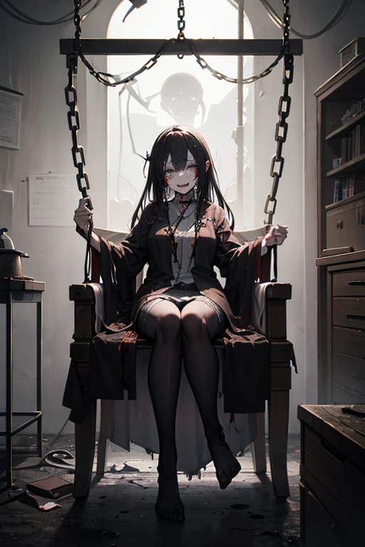 A hanged girl with decayed body and rotten skin. She is an abandoned patient. Hanged with rusted chains, Wearing white patient-robe, Eerily smiling showing her fangs. Suspended corps at the abandoned surgery room with modern interior, Still alive, Undead, Dripping bloods, Floating feet, Light-out, Midnight, Nightmare, Dark atmosphere, Grotesque, Horror