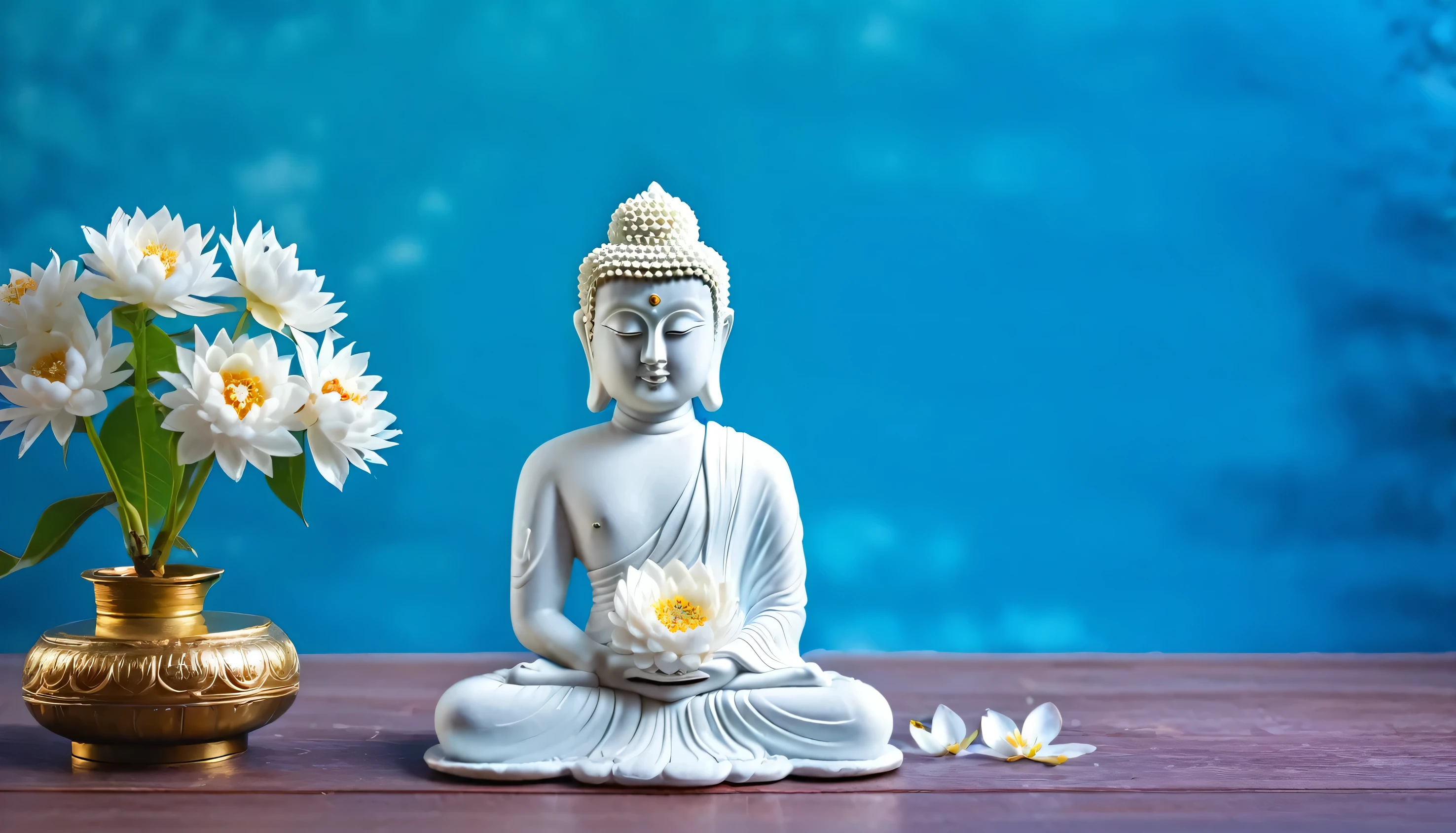 Buddhist holy day celebrating Siddhartha Gautama White flower adorned Buddha statue on blue backdrop Mental well being and meditation theme Soft focus room