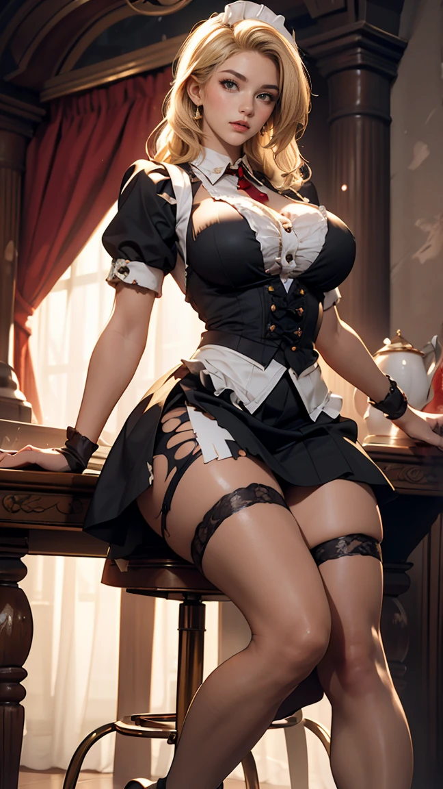 girl with big breasts wearing maid uniform (Gothic style) Torn Skirt、Golden body proportions、disheveled blonde hair (Inward-splayed feet) (Highly detailed CG Unity 8k wallpaper) Big Breasts、Torn Skirt、Red-faced and shy Ed Blinky America'The most beautiful body art, Atey Gailan, Painting by Jeremy Professional Gorgeous Man, Greg Mantis, Antonio Moro, Art Station Trends, CGSOC IETY Trends, Complex, Tall detailed, Accurate, Dramatic realism art, CG, 3D, 8k 4k