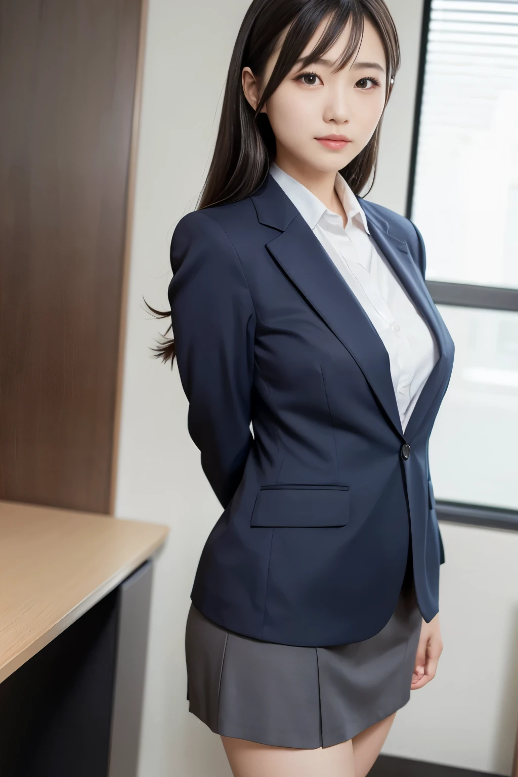 skirt,suit, Two Japanese, woman, Beautiful face, (suit:1.1), office, highest quality, (realism: 1.4), Beautiful Face, An innocent smile, Natural Makeup,Small breasts,Small breastsの谷間,Thigh