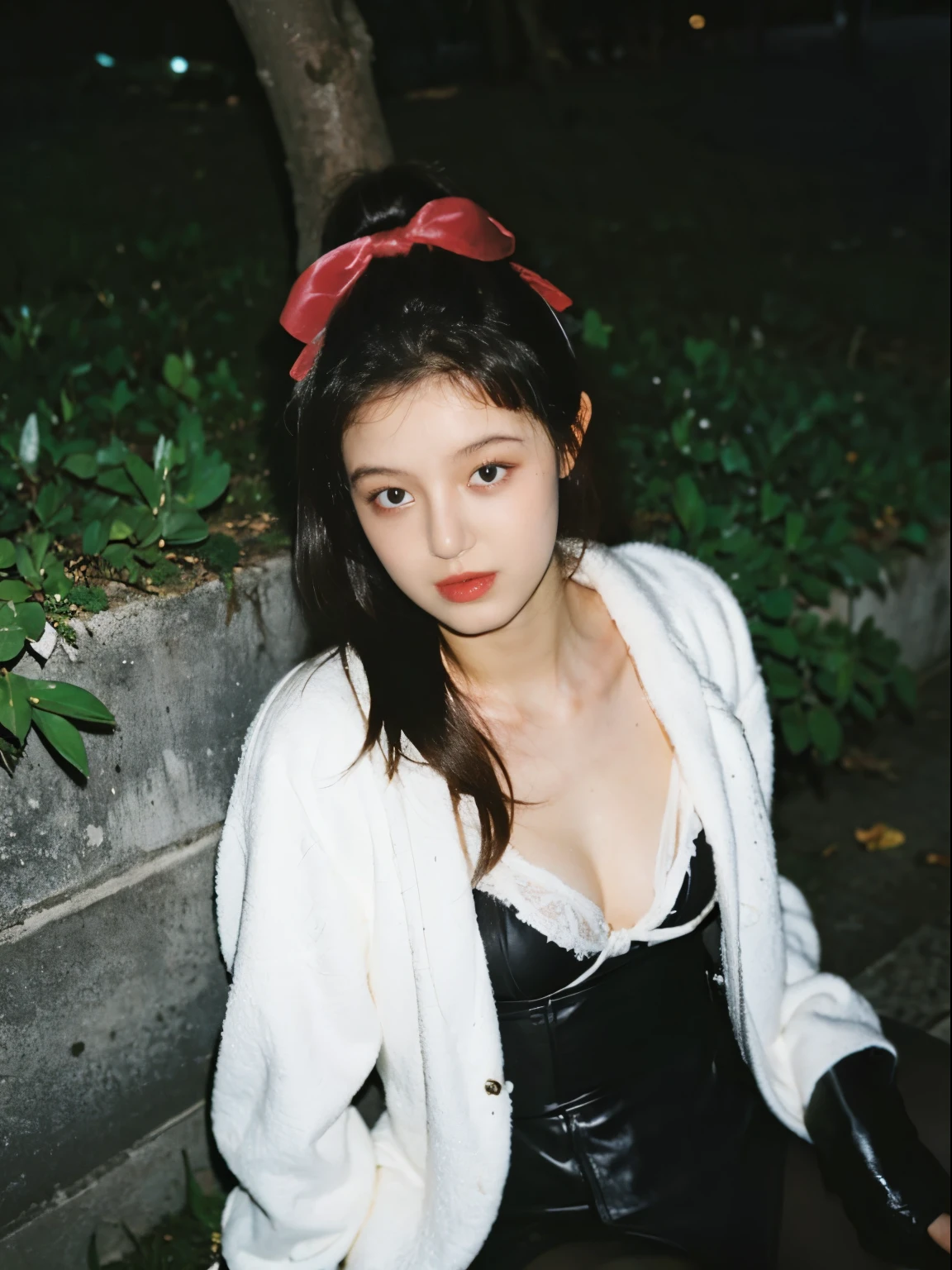 a hyper-realistic portrait of a young woman, half asleep, under a tree, inside a forest, in the middle of nature, 22 years old, realistic, (lying on her side), she is wearing a red panties, (wearing a garter belt and black pantyhose), sexy, (SMALL BREAST), torn, (all torn), short brown hair, (hair tied with bows), SLIM BODY, 