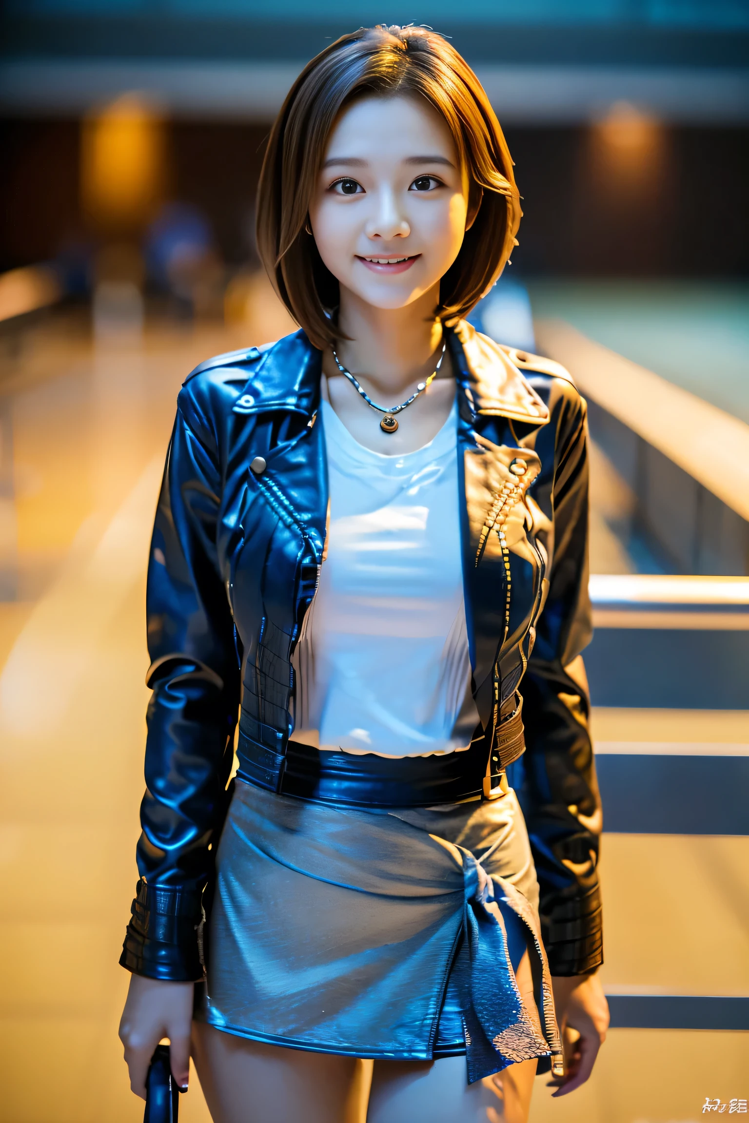 (Full body shot from head to toe:1.5),(18-year-old female),((Mini tight skirt:1.5)), (The best quality at its best:1.4), (Super detailed), (Very detailed CG unified 16k), Beautiful woman with perfect figure: 1.4, Sharp focus: 1.2, Very detailed, High-quality RAW color photos, Professional photography, Great face and eyes, Beautiful eyelashes、(Amazingly beautiful girl),((Leather jacket:1.5)), Are standing, Sexy posture,(airport:1.3), (View from below), Realistic movie faces, Realistic, ((Natural light brown hair color, Realistic blue eyes)),( Short Bob Hair:1.5), (necklace:1.5)、Very beautiful face, Perfect model beauty, Mouth swelling, Highly detailed face and skin texture, double eyelid, Medium chest, smile, (masterpiece), highest quality, High resolution, Very detailed, Blurred Background, Cinema Lighting, Great legs, Clear, well-maintained skin,