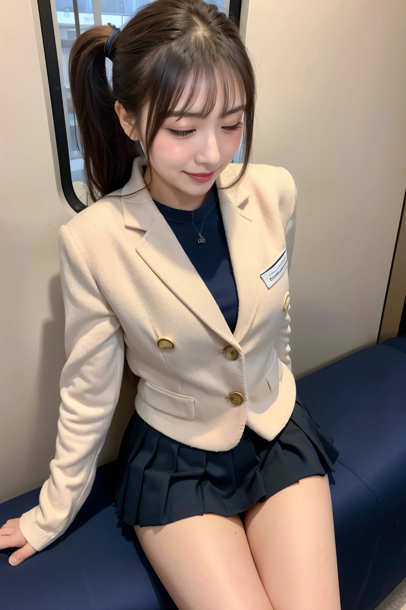 (8k), (highest quality: 1.2), (Realistic), (Realistic: 1.37), Ultra-high resolution, 1 girl, cute, A shy smile, (Blushing:1.2),Mouth closed, Peach-colored lips,Beautiful details, Beautiful Nose, Beautiful black hair, bangs,Ponytail Hair,Giant Dulcefo, pork, Thighs,Self Snap,University Uniforms,Sitting on a train in Tokyo,A simple blazer,Navy Pleated Skirt,(Crossing your legs:1.3), From above,(Thighsにクローズアップ:1.2),(光沢のあるThighs:1.2),Sleeping with eyes closed,