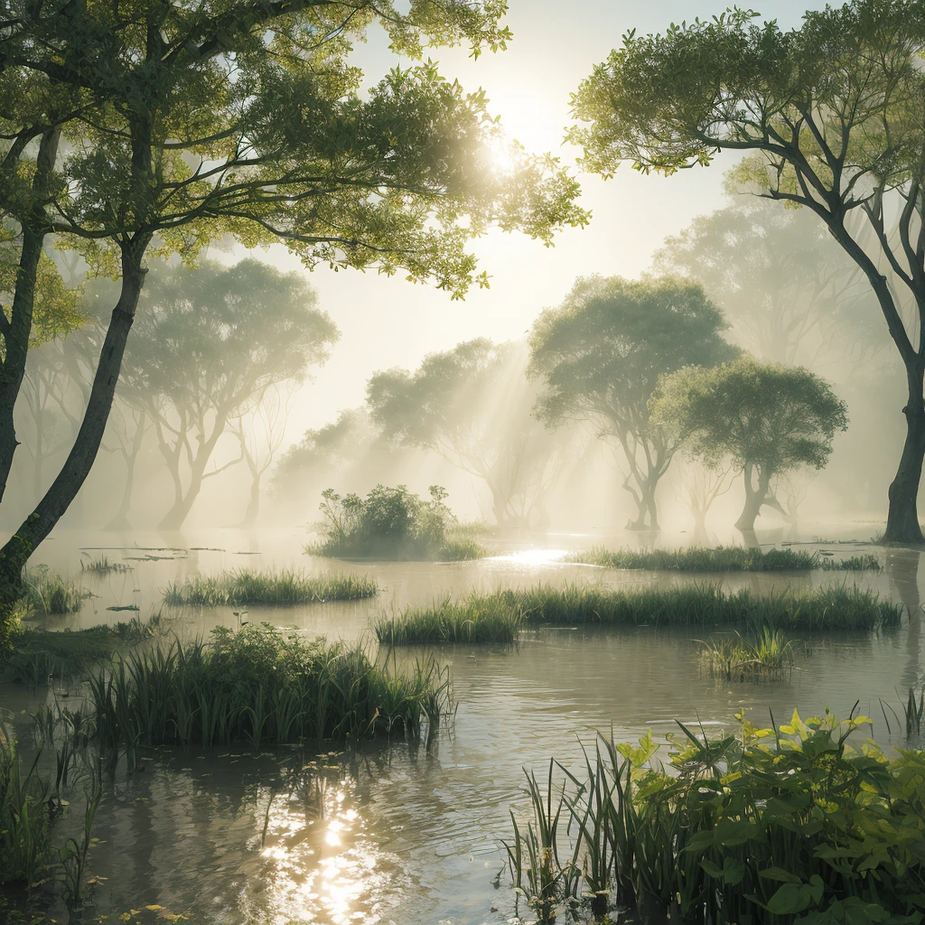 swamp covered with plants, trees shading the sky, rays of sun passing through a thin white mist near the waters, best quality, ultra realistic, accurate details