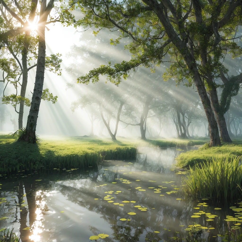 swamp covered with plants, trees shading the sky, rays of sun passing through a thin white mist near the waters, best quality, ultra realistic, accurate details