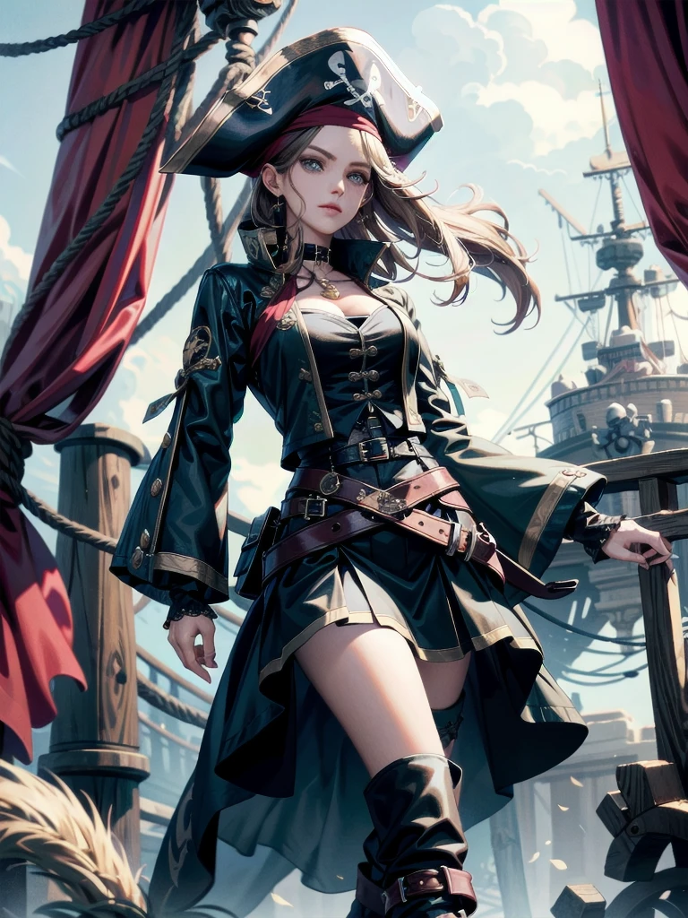 Practical pirate clothing, Long-sleeved pirate top, Skirt, boots, absurdres, extremely delicate and beautiful, masterpiece, Best Quality, ultra-detailed,