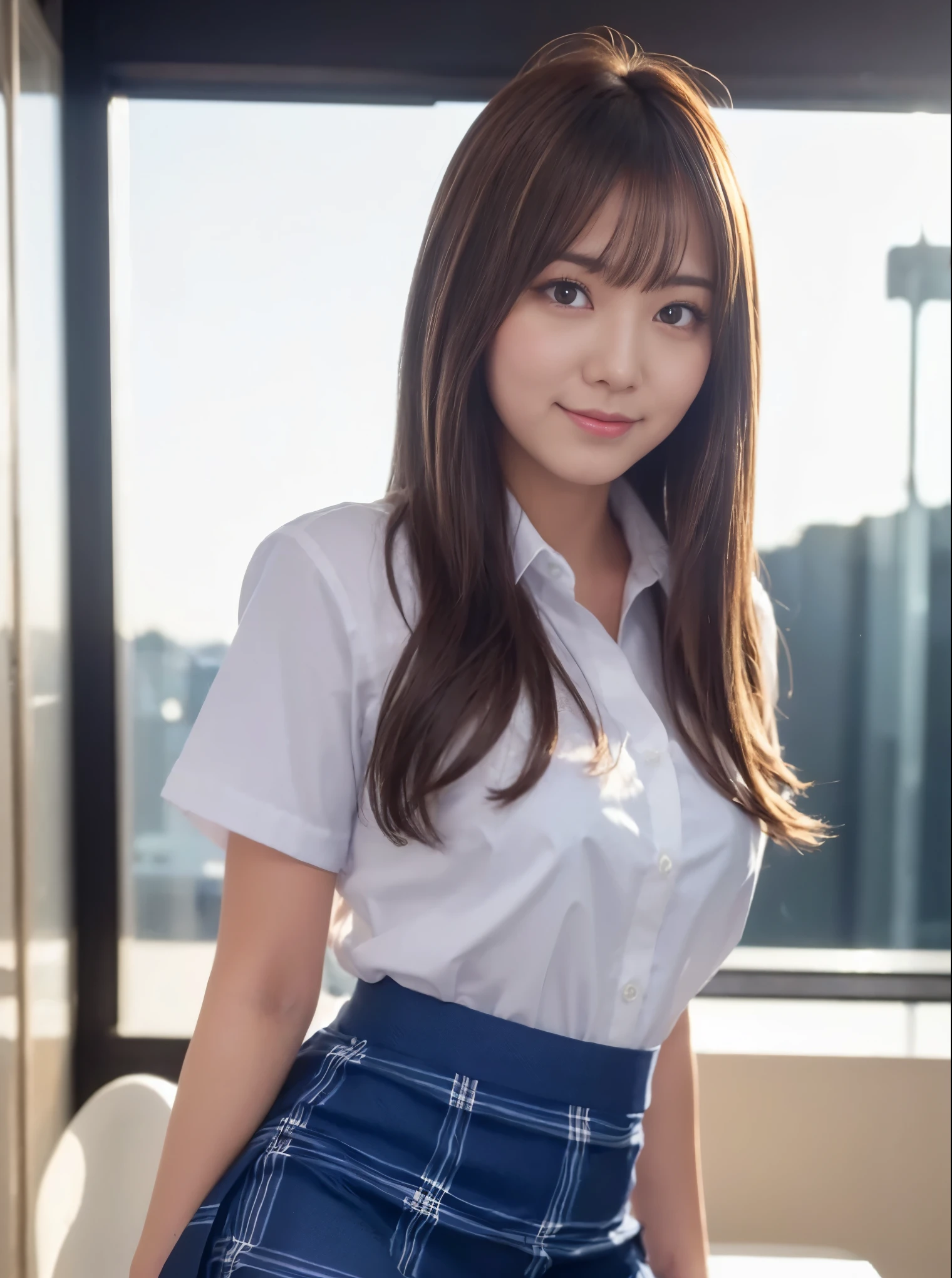 A beautiful Japanese shy girl, age 18 years old, short brown hair, brown big eyes, shiny lip, shiny hair, ecstatic expression, wearing white business shirts, wearing blue plaid skirt, wearing black Pantyhose, in school scape, in front of sunset scape, The background is very blurry, light shine in, Leaning forward