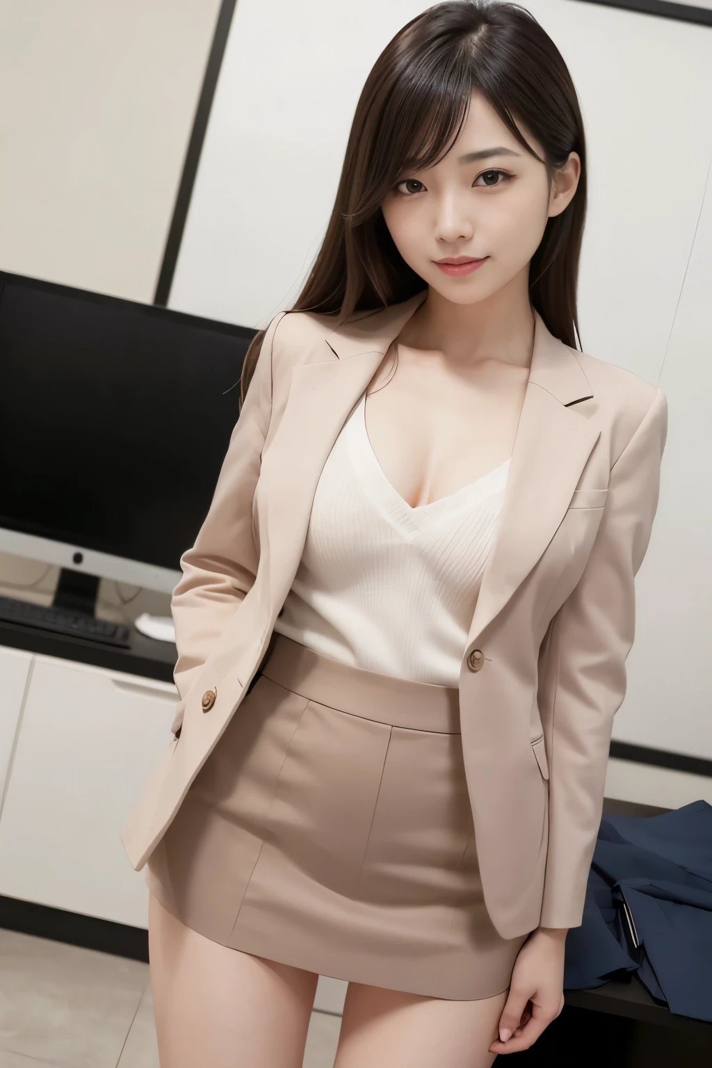 Small breastsの谷間見えている,skirt,suit, Two Japanese, woman, Beautiful face, (suit:1.1), office, highest quality, (realism: 1.4), Beautiful Face, An innocent smile, Natural Makeup,Small breasts,Thigh