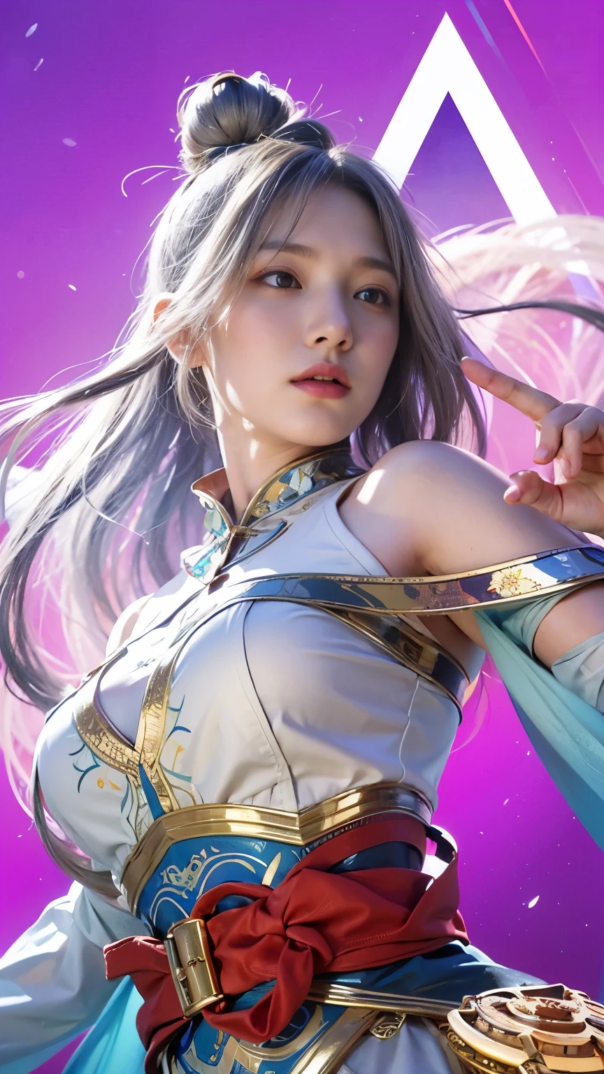 Hyperrealist Female Portrait by David Hockney and Alphonse Mucha,Fantasy art, Photorealistic, Dynamic Lighting, Art Station, Poster, Volumetric lighting, Highly detailed face, 4k yen, Awards,, One girl, In the Dark, Deep Shadow, Modest,Cowboy Shot,(Official attire:1.4) ,Long Hair,Gray Hair,