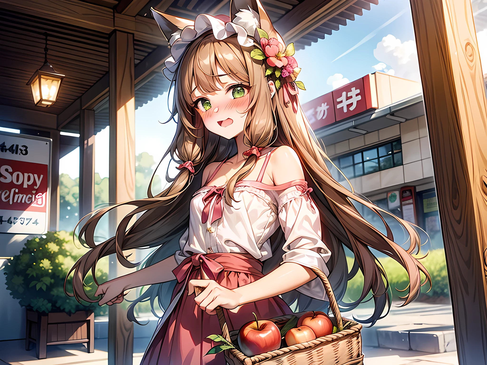A basket of masterpieces, Best quality, high resolution, 1girll, Solo, Oversized fox tail,Long brown hair,Green eyes,Small flower headdress, (13-year-old junior high school student),Modern architecture,Buy vegetable at the supermarket_The girl puts the red apple in the basket of the supermarket,Dressed in pink and white casual clothes,smile,Basket handle on the arm,cleavage, face to detail, detailed eyes, eyes extremely detailed, (half-body:0.6), (blushing: 1.5), open mouth