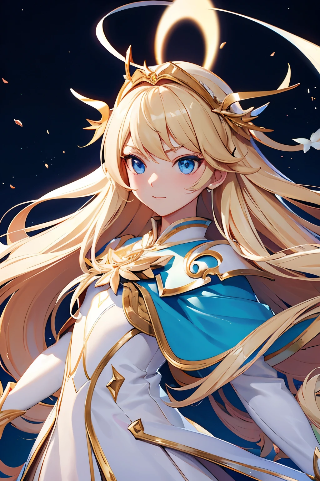 Anime girl with long blond hair and blue eyes in a white suit, concept art, inspired by Lee Chevalier, ArtStation, fantasy art, portrait girl knights of the zodiac, girl knights of the zodiac, very detailed exquisite fanart, Extremely detailed Artgerm, portrait anime space cadet girl, гладкое аниме cg art, anime goddess, ! dream art embryo, Short stature, small