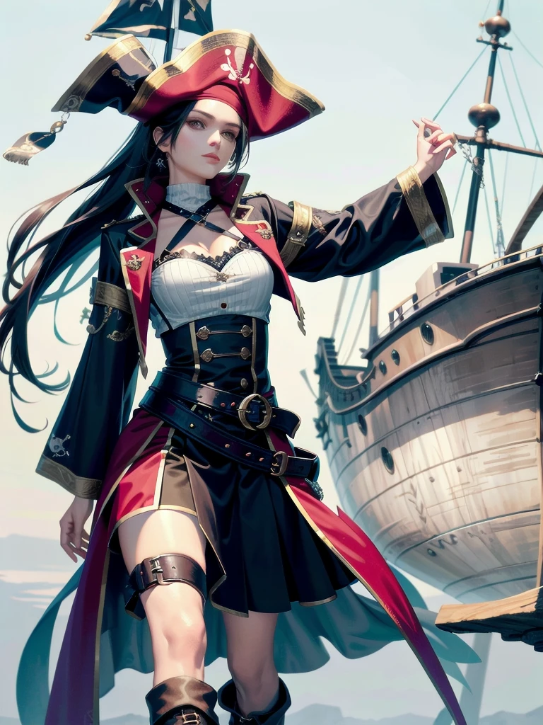 Practical pirate clothing, Long-sleeved pirate top, Skirt, boots, absurdres, extremely delicate and beautiful, masterpiece, Best Quality, ultra-detailed,