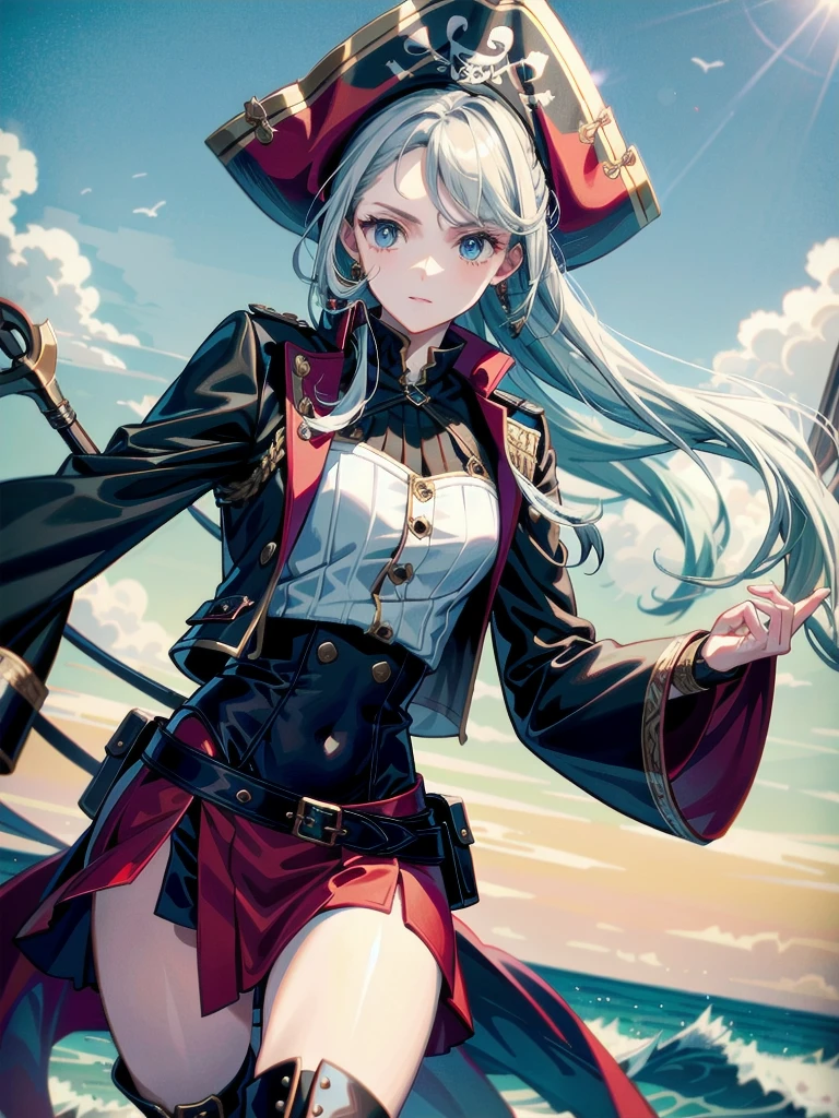 Practical pirate clothing, Long-sleeved pirate top, Skirt, boots, absurdres, extremely delicate and beautiful, masterpiece, Best Quality, ultra-detailed,