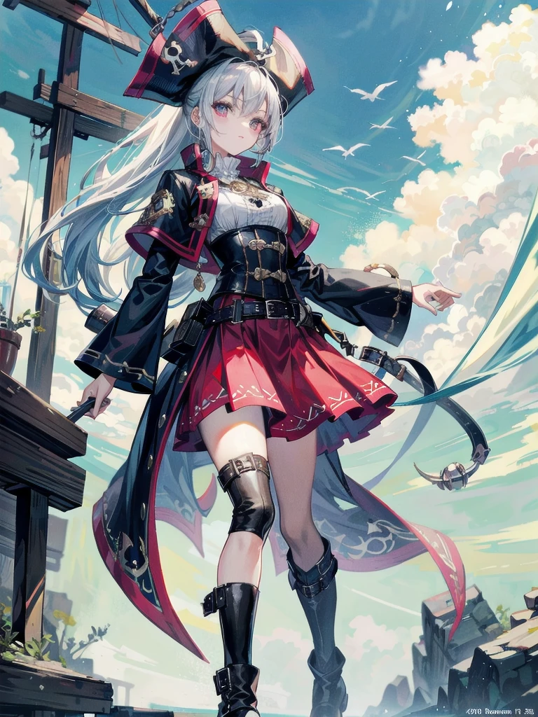 Practical pirate clothing, Long-sleeved pirate top, Skirt, boots, absurdres, extremely delicate and beautiful, masterpiece, Best Quality, ultra-detailed,