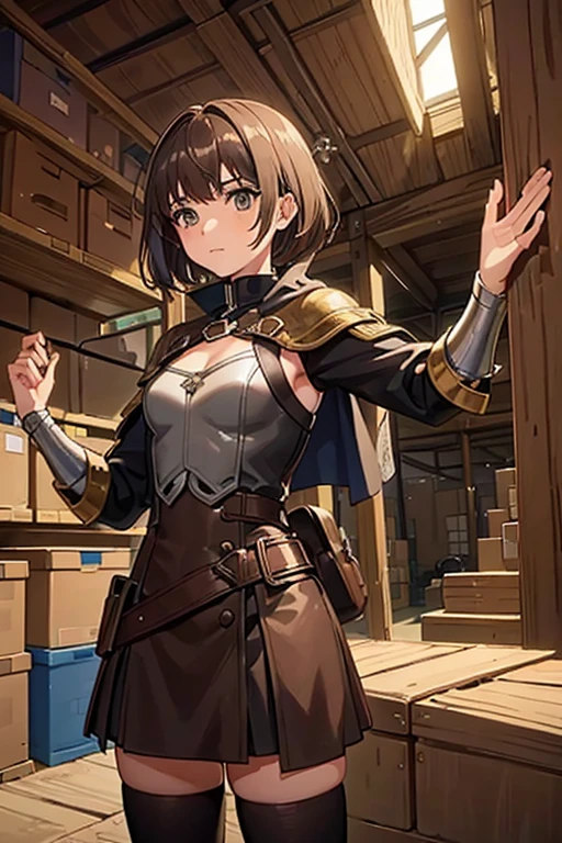 (A 14 yo girl), beginner magic-warrior girl, light-Brown short-bob hair, A girl choosing equipment in a warehouse, Medieval Europe, Fantasy World