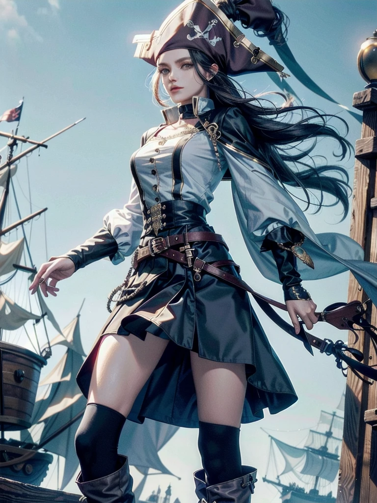 Practical pirate clothing, Long-sleeved pirate top, Skirt, boots, absurdres, extremely delicate and beautiful, masterpiece, Best Quality, ultra-detailed,