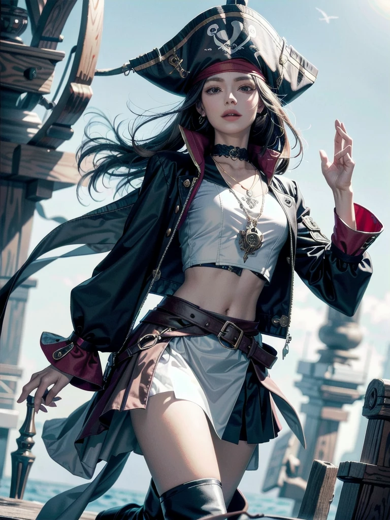Practical pirate clothing, Long-sleeved pirate top, Skirt, boots, absurdres, extremely delicate and beautiful, masterpiece, Best Quality, ultra-detailed,