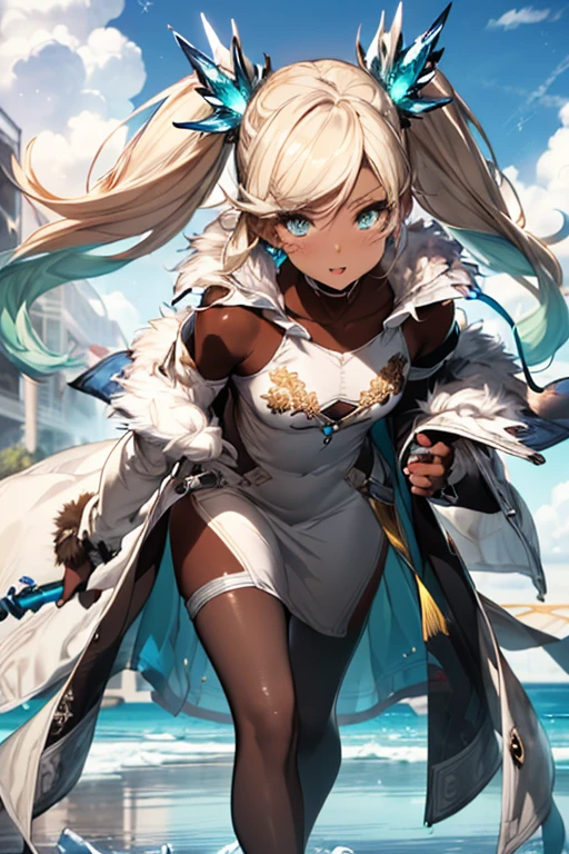 Iooiklas,Platinum platinum blonde hair,Twin tails, hair ornaments, White Dress, Black knee socks, 
Removable sleeves,Complex eyes,Beautiful fine details,Symmetrical eyes,Big eyes:1.5,
(((dark skin,dark_skin,lustrous skin:1.5,bright skin: 1.5,
skin tanned,shiny skin,very shiny skin,Shiny body,plastic glitter 
skin,exaggerated shiny skin,illuminated skin))),
(,Detailed body,(Detailed face)), cute,Lewd,erotic,Bold,
Revealing clothing,show skin,(((Sexy aqua fur coat, Aqua fur coat outfit,
 wearing a Ice Dress:1.3,aqua 冬 coat))), ((Ice Dress,elegant Ice Dress)),
(White gloves,White clothes,(((Complex outfit,Complicated clothes,Embroidered costume,Glamorous costumes,Embroidered clothes,
Glamorous clothing))),skinsuit, Bodysuits, pantyhose,
High resolution,Sharp focus,(Super detailed,Very detailed),(Very detailed CG unity 8k wallpaper),
(((Vibrant colors))),
standing,Split,Spread your legs,Open your legs,(Anatomically correct),
smile, Open your mouth,Seductive eyes, 
Beyond the Clouds, Surrounded by water, reflection,Breathtakingly beautiful clouds,Beach,
