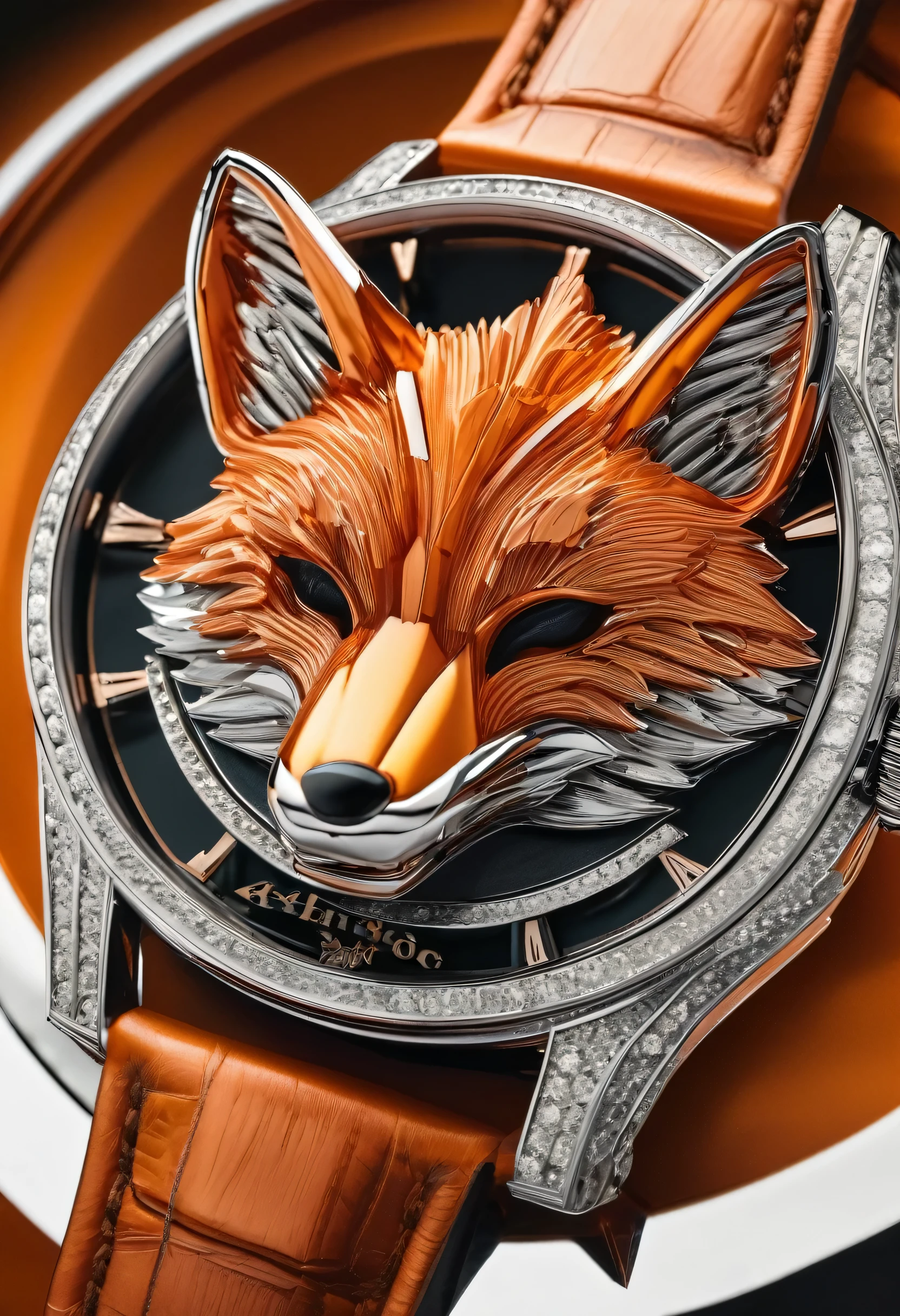 a close up of a watch with a fox head design, orange fox, fox on watch design, orange and white leather strap, elegant, ultra detailed 16k, by Aleksander Kotsis, hublot, 8k highly detailed, nicely detailed, jacob & co, amazing craftsmanship, 