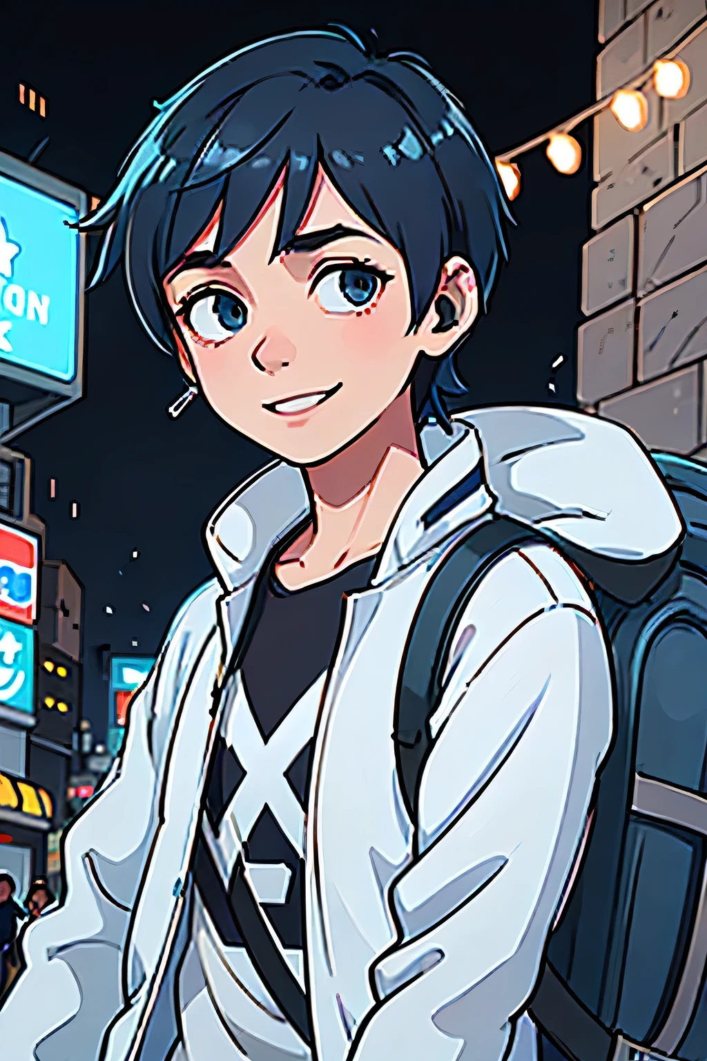 1boy, blue hair, headphones on neck, blue jacket with white stripes, jeans, black backpack, jordans, busy streets of new york city background, smile, shy, depth of field, cinematic lighting, chromatic aberration, bloom, best quality, anatomically correct, accurate, super detail