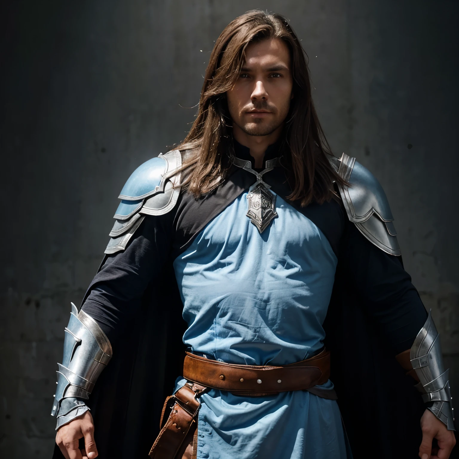 Brown haired man, wearing light blue armor with a silver shirt, while wearing a black cape, has a belt with a letter A as evilla