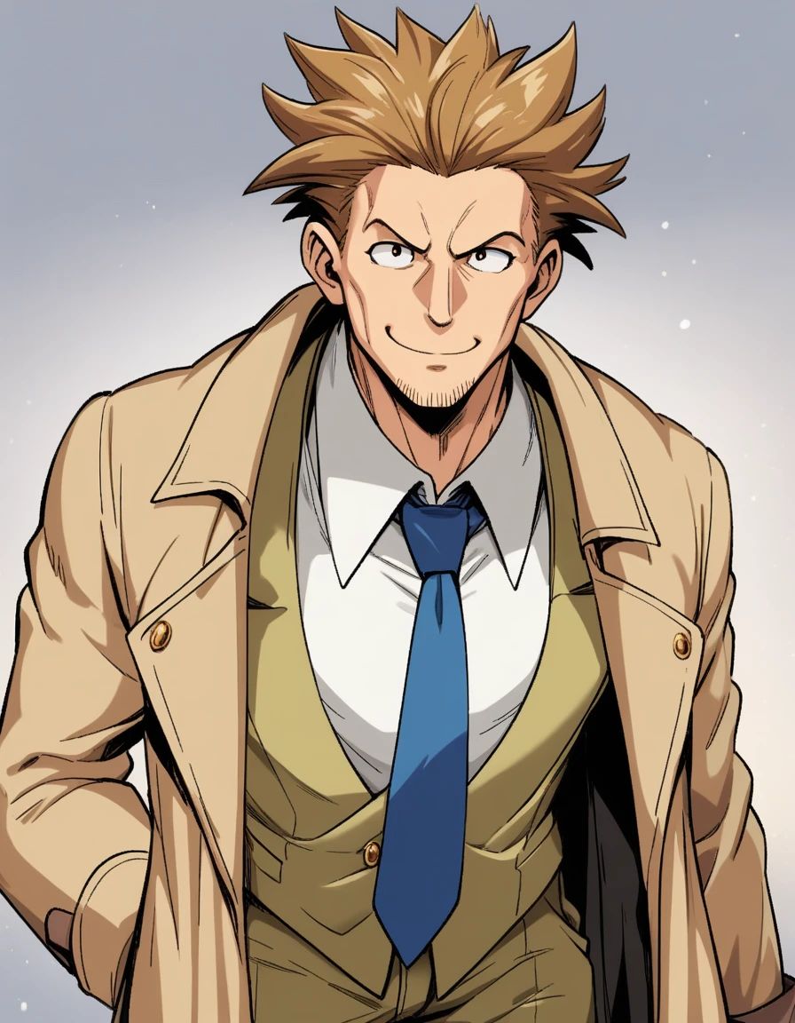 1man, goofy mature detective, ordinary, wavy slicked back spiked hair, yellow-brown hair, shihaku, light-brown eyes, short stubble, Oval-shaped, large eyes, ugly, boned nose, dandy, muscular, solo, upperlegs, white collared_shirt, blue necktie, beige trench_coat, dark worn-out suit, smile, standing, in retro eroge style, visual novel, 2000s, masterpiece, best quality