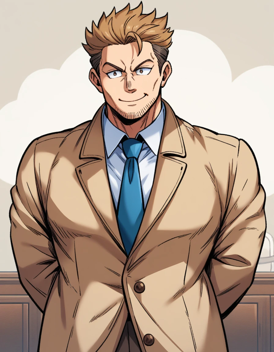 1man, goofy mature detective, ordinary, wavy slicked back spiked hair, yellow-brown hair, shihaku, light-brown eyes, short stubble, Oval-shaped, large eyes, ugly, boned nose, dandy, muscular, solo, upperlegs, white collared_shirt, blue necktie, beige trench_coat, dark worn-out suit, smile, standing, in retro eroge style, visual novel, 2000s, masterpiece, best quality