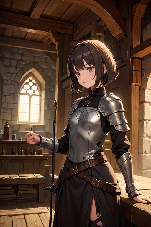 (A 14 yo girl), beginner magic-warrior girl, light-Brown short-bob hair, A girl choosing equipment at the sword storehouse, Medieval Europe, Fantasy World