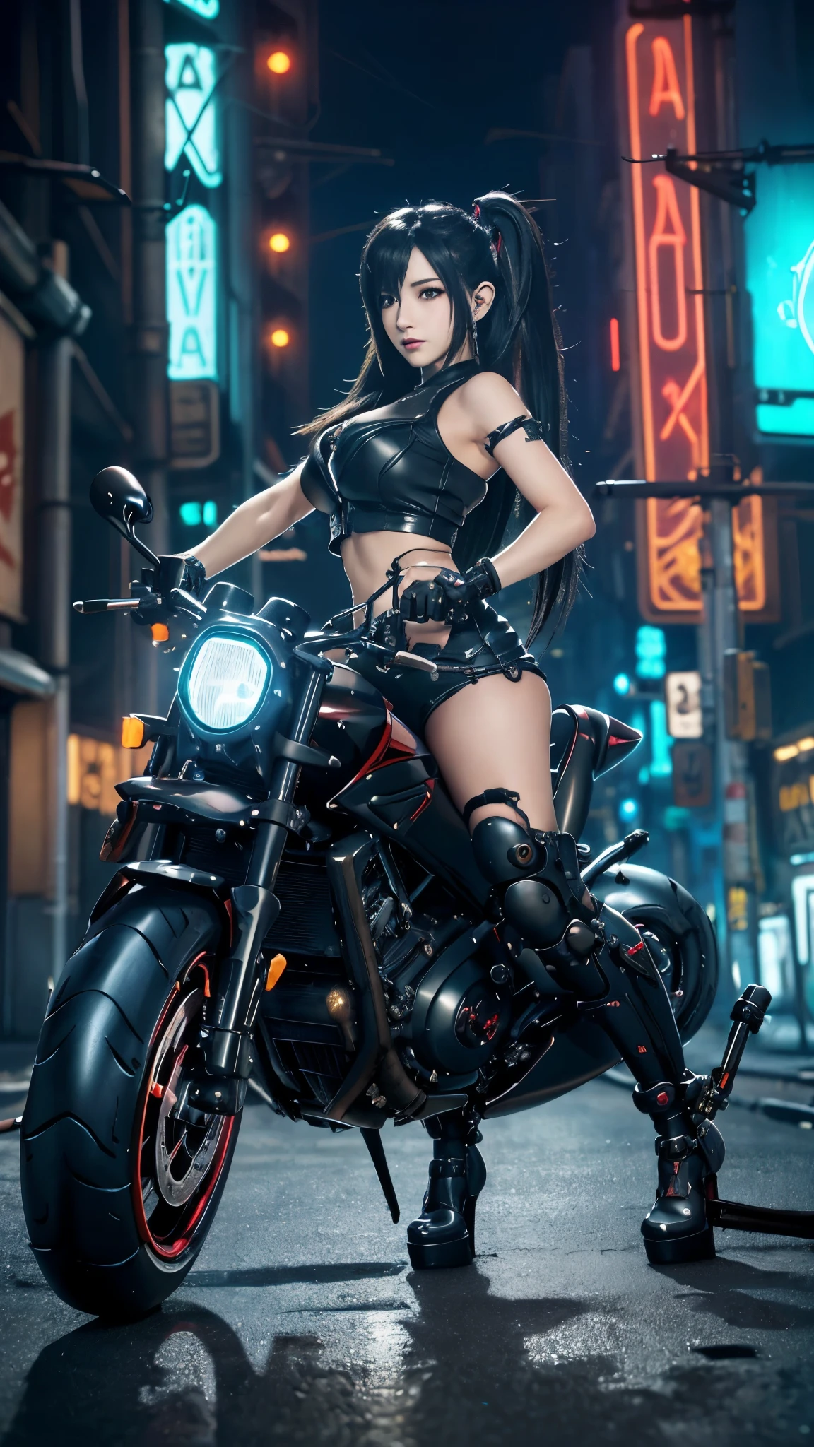 Tifa Lockhart, mksks style, (Highly detailed background:1.0), (Highly detailed background:1.0), Final Fantasy VII original, (Red eyes), One girl, Black Hair, (Tifa Rockheart style:1.4), (Cyber motorcycle:1.5), (Cyber neon city:1.4)