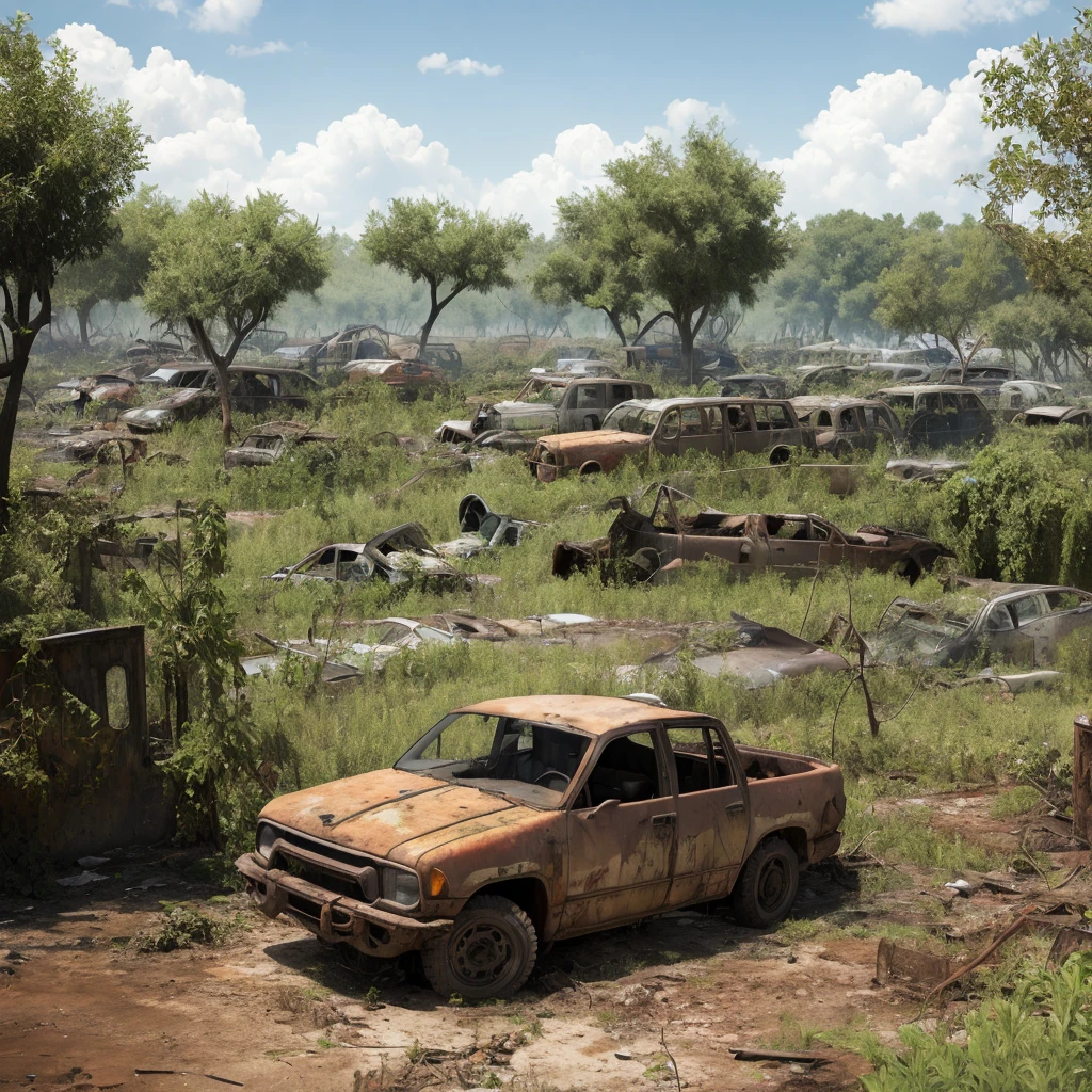 swamp filled with rusted cars and rubble over grown with vines shaded with trees, best quality, accurate details, ultra realistic, apocalyptic