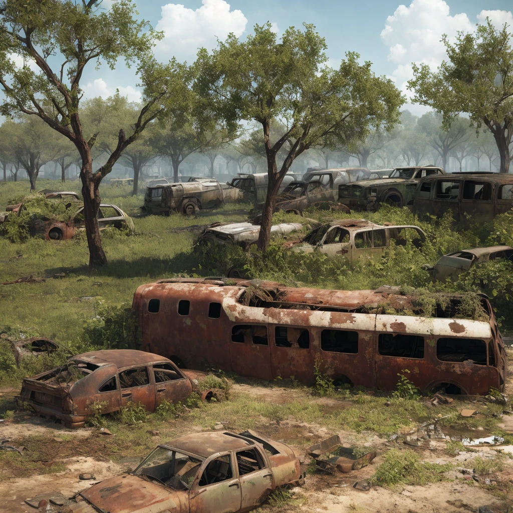 swamp filled with rusted cars and rubble over grown with vines shaded with trees, best quality, accurate details, ultra realistic, apocalyptic
