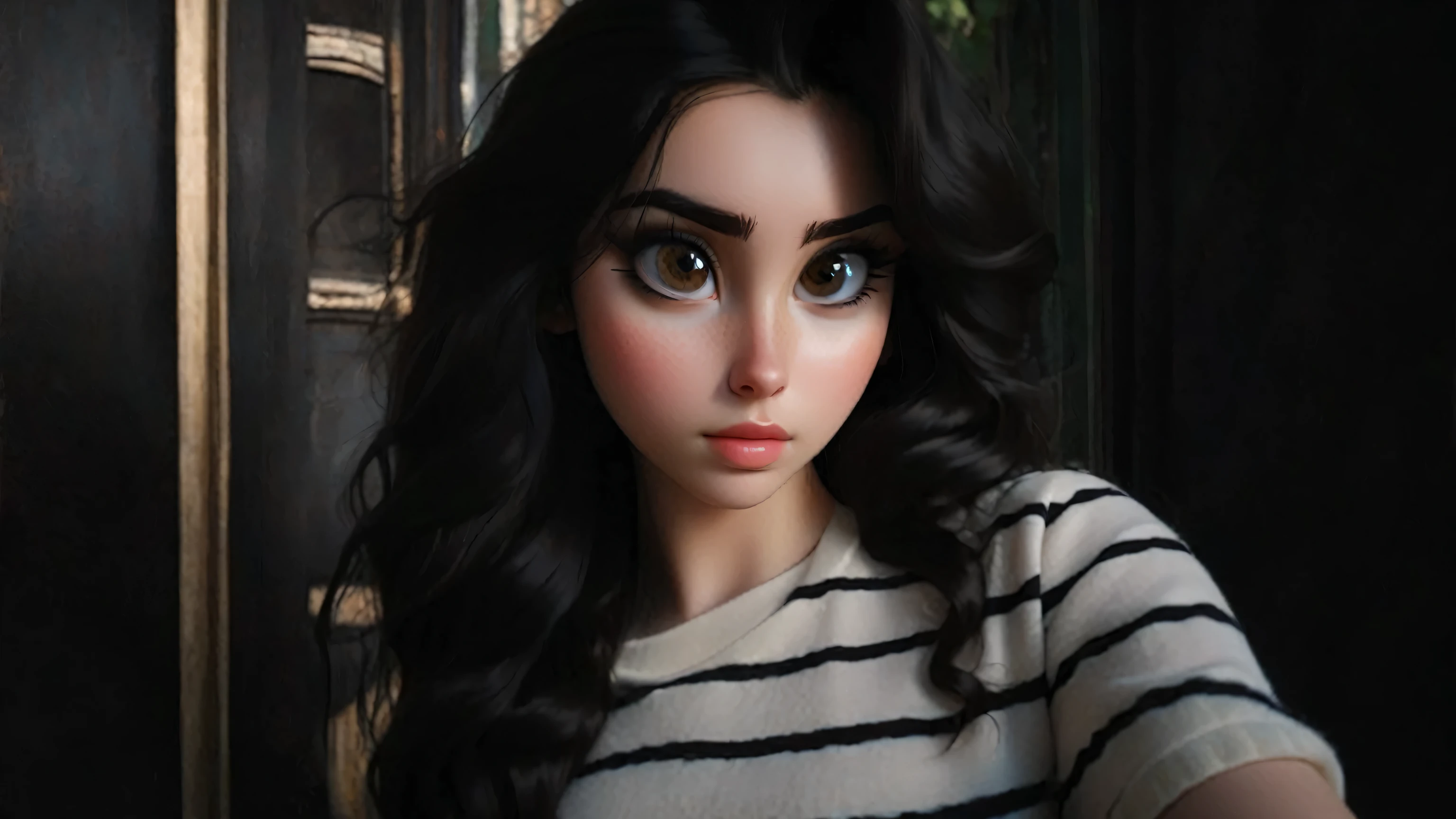 woman with long hair 19 years old, beautiful woman, wavy hair, beautiful look, beautiful girlselfie of a young woman, black hair and large eyes