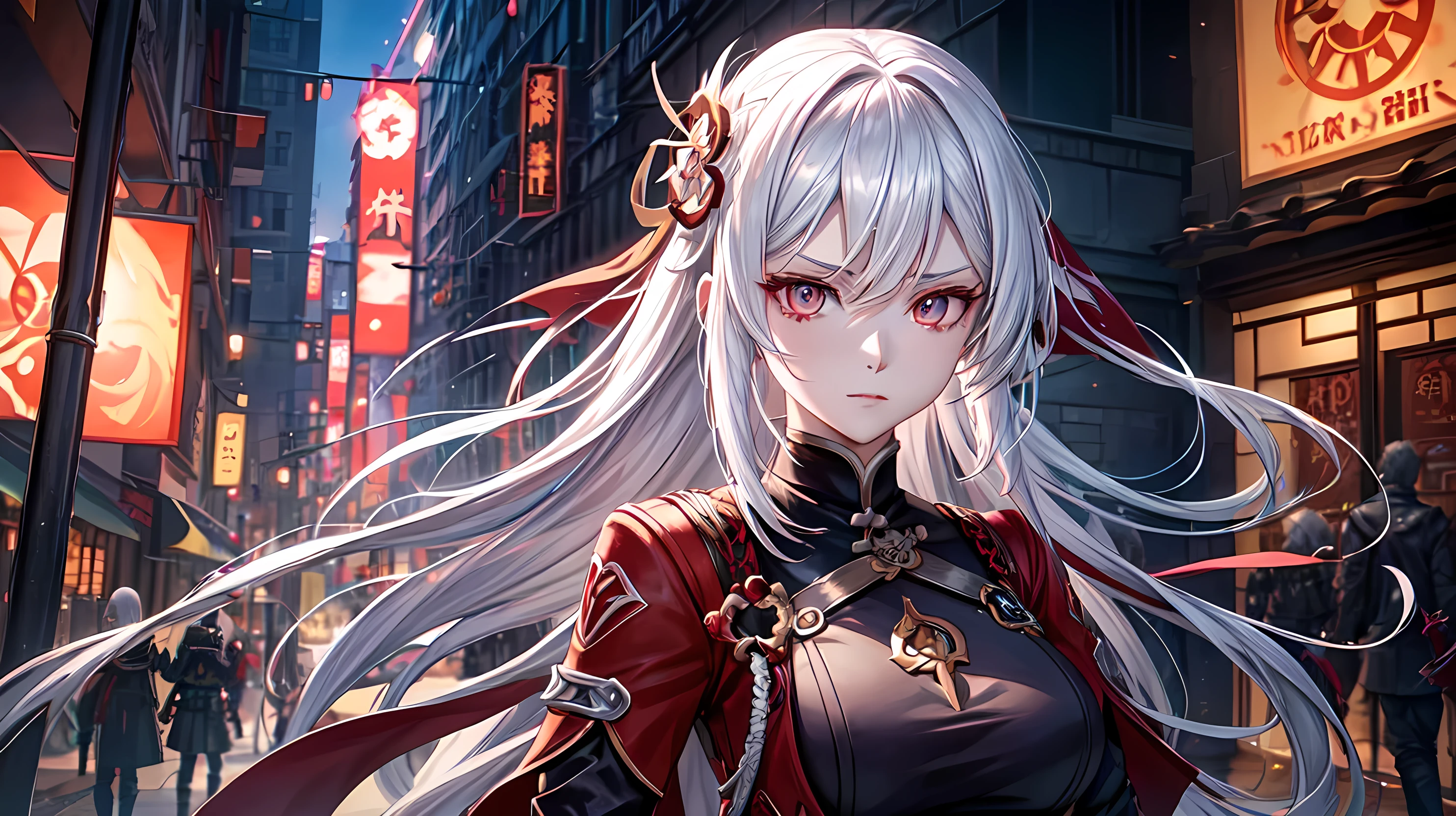anime, a woman with white hair and a sword in a red light, digital art by Lisa Nankivil, trending on cg society, auto-destructive art, code vein, ayaka genshin impact, keqing from genshin impact, genshin impact character, zhongli from genshin impact, video game genshin impact, genshin impact style