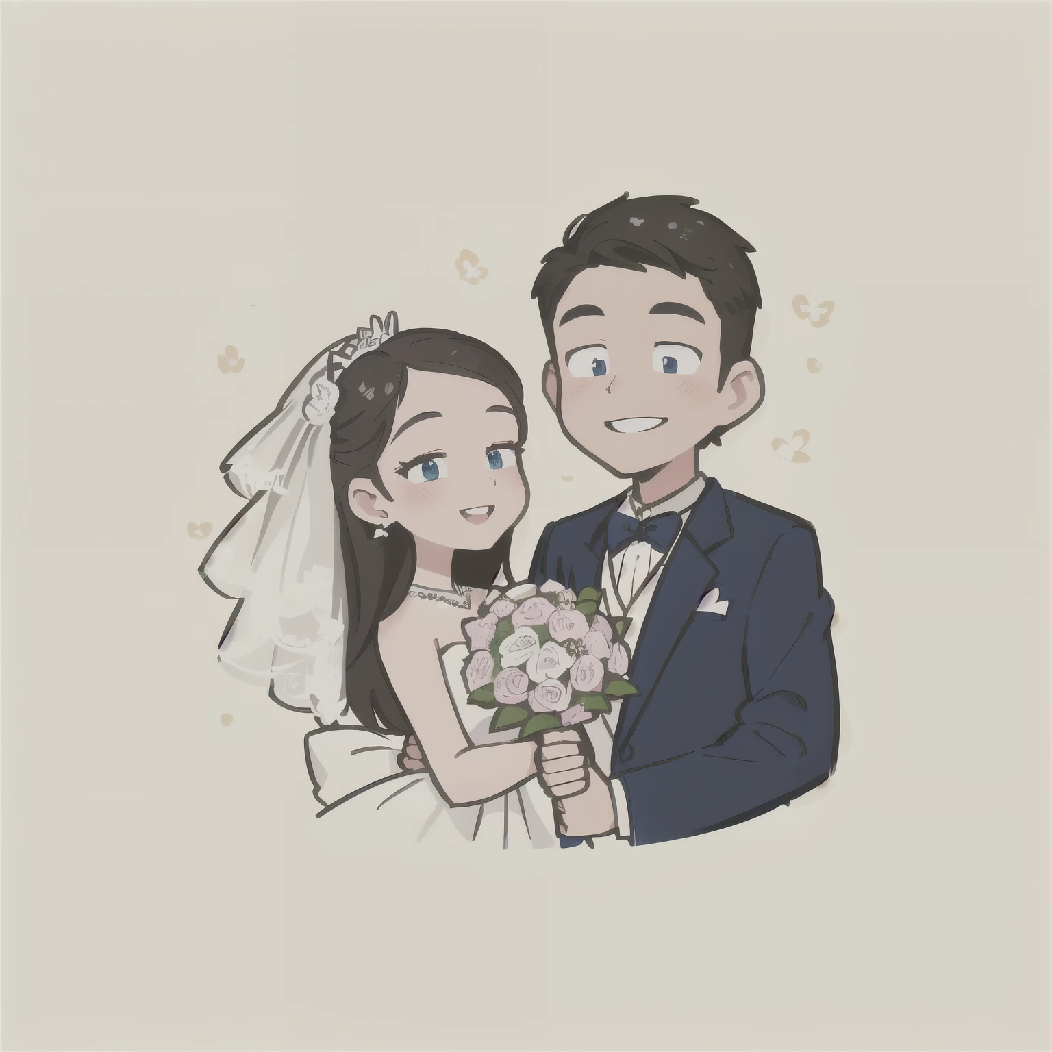 cartoon of a Bride and groom holding a bouquet of flowers, lovely couple, happy couple, Bride and groom, couple pose, Flowers in hand, , cartoon style illustration, couples portrait, couple portrait, cartoon style, wedding, Cartoon art style, hand painted Cartoon art style, smiling couple, Official Fanart, couple, High-quality fanart, wedding photo, There are flowers