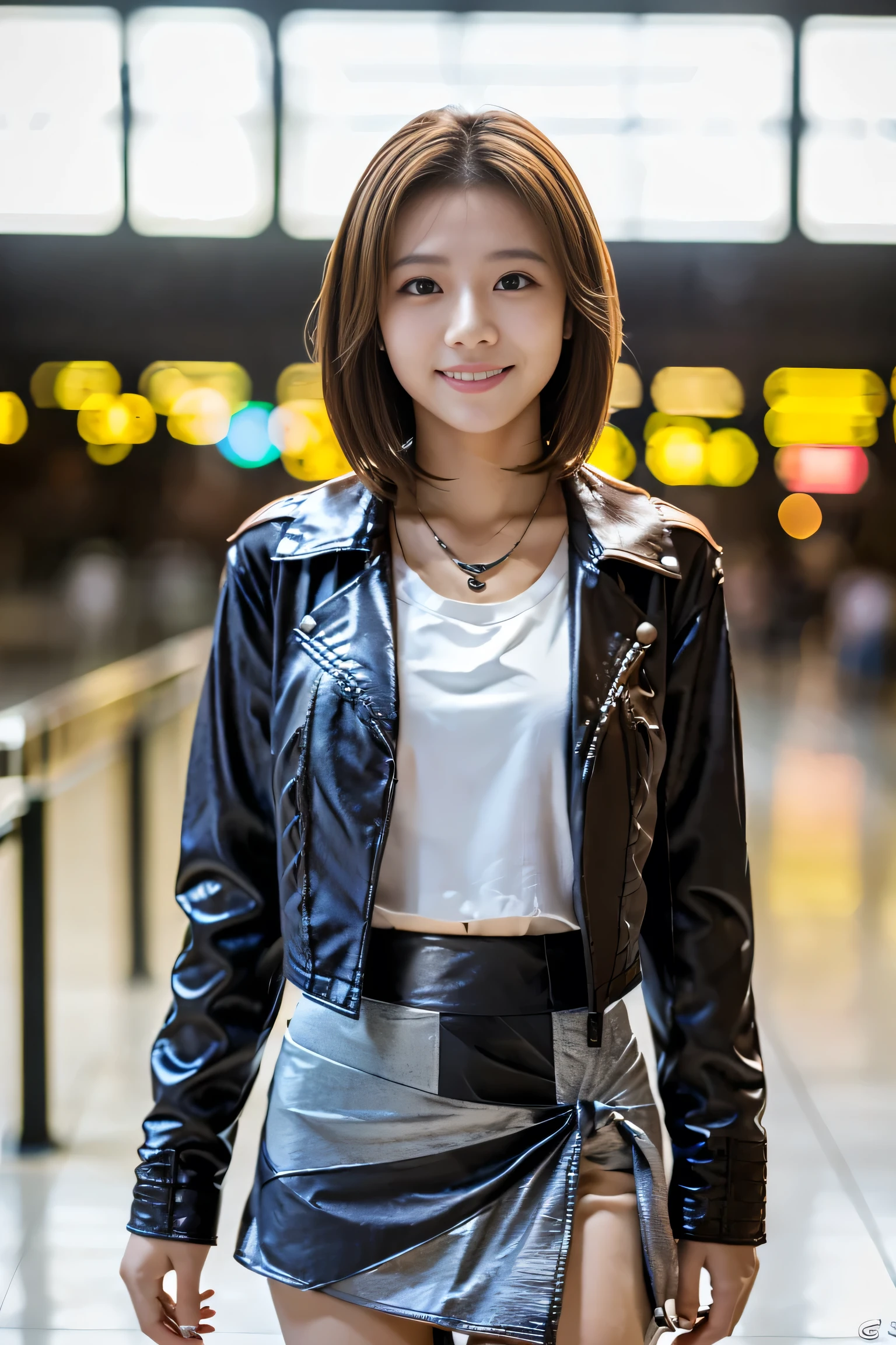 (Full body shot from head to toe:1.5),(18-year-old female),((Mini tight skirt:1.5)), (The best quality at its best:1.4), (Super detailed), (Very detailed CG unified 16k), Beautiful woman with perfect figure: 1.4, Sharp focus: 1.2, Very detailed, High-quality RAW color photos, Professional photography, Great face and eyes, Beautiful eyelashes、(Amazingly beautiful girl),((Leather jacket:1.5)), Are standing, Sexy posture，(airport:1.3), (View from below), Realistic movie faces, Realistic, ((Natural light brown hair color, Realistic blue eyes)),( Short Bob Hair:1.5), (necklace:1.5)、Very beautiful face, Perfect model beauty, Mouth swelling, Highly detailed face and skin texture, double eyelid, Medium chest, smile, (masterpiece), highest quality, High resolution, Very detailed, Blurred Background, Cinema Lighting, Great legs, Clear, well-maintained skin,