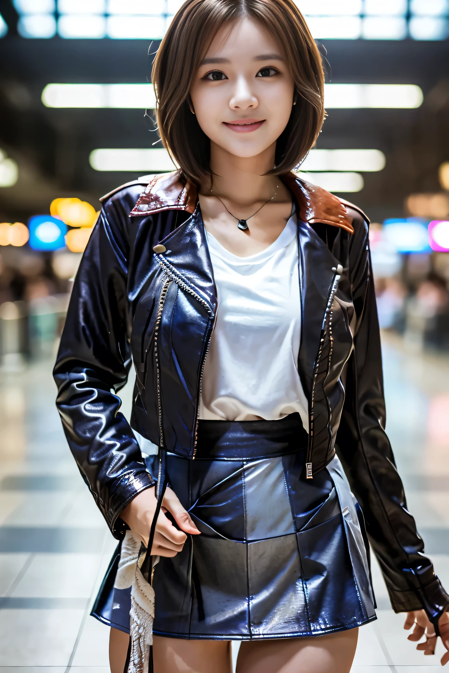(Full body shot from head to toe:1.5),(18-year-old female),((Mini tight skirt:1.5)), (The best quality at its best:1.4), (Super detailed), (Very detailed CG unified 16k), Beautiful woman with perfect figure: 1.4, Sharp focus: 1.2, Very detailed, High-quality RAW color photos, Professional photography, Great face and eyes, Beautiful eyelashes、(Amazingly beautiful girl),((Leather jacket:1.5)), Are standing, Sexy posture,(airport:1.3), (View from below), Realistic movie faces, Realistic, ((Natural light brown hair color, Realistic blue eyes)),( Short Bob Hair:1.5), (necklace:1.5)、Very beautiful face, Perfect model beauty, Mouth swelling, Highly detailed face and skin texture, double eyelid, Medium chest, smile, (masterpiece), highest quality, High resolution, Very detailed, Blurred Background, Cinema Lighting, Great legs, Clear, well-maintained skin,