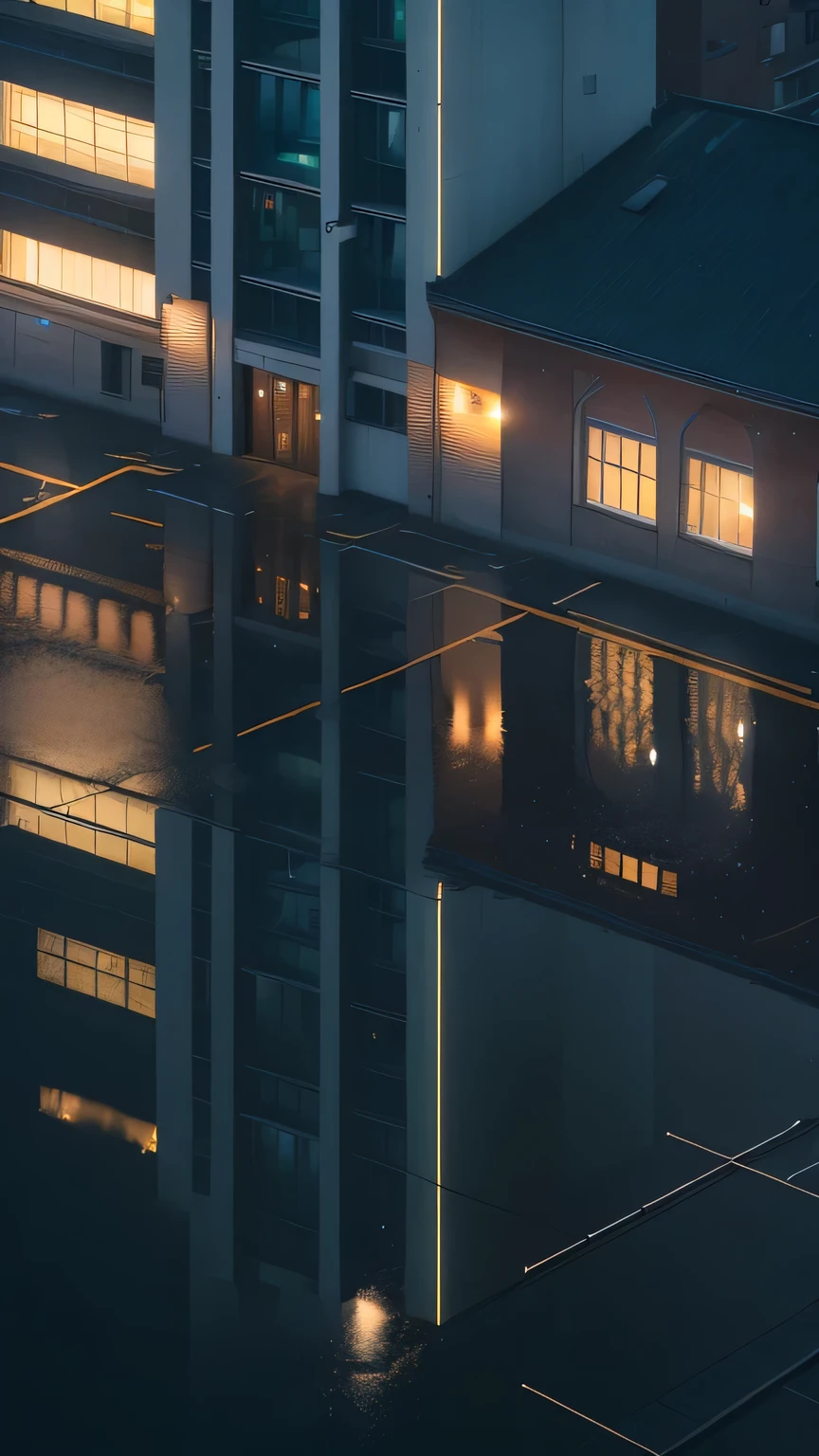 Aerial view of a building with a stop sign, Low ISO, Movie Lighting and Reflections, architectural photosgraphy, Urban light reflection, author：Andrei Kolkoutine, architectural shots, Architectural Photography, Photos taken at night, Reminiscent of blade runner, architectural photos, reflection lumen mapping, Night Photo, Reflective glass on top, Night Shooting, Rainy night city，Digital art，realism，night，On the rooftop，ambient light，A place where it rained，stagnant water，light reflection，Realistic lighting，true reflection，Realistic materials，personality，cool，Atmosphere，