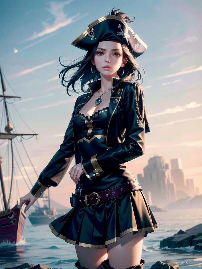 pirate clothing, Long-sleeved pirate top, Skirt, boots, absurdres, RAW photo, extremely delicate and beautiful, masterpiece, Best Quality, ultra high resolution, 32k, hyperrealistic, ultra-detailed, detailed beautiful face and eyes, tearful mole, earring, short medium hair, wavy hair,