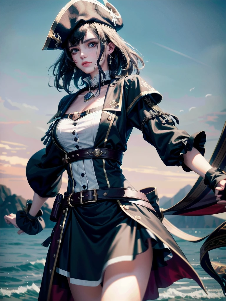 pirate clothing, Long-sleeved pirate top, Skirt, boots, absurdres, RAW photo, extremely delicate and beautiful, masterpiece, Best Quality, ultra high resolution, 32k, hyperrealistic, ultra-detailed, detailed beautiful face and eyes, tearful mole, earring, short medium hair, wavy hair,