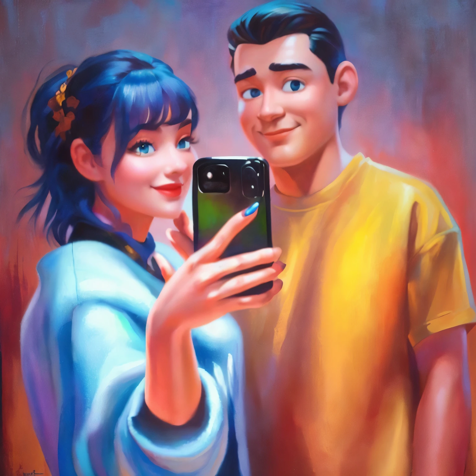there is a painting of a man and a woman holding a cell phone, pixar and ilya kuvshinov, in love selfie, artgerm and atey ghailan, in style of atey ghailan, loish and ross tran, photorealistic disney, ross tran and ilya kuvshinov, disney photo realistic, realistik