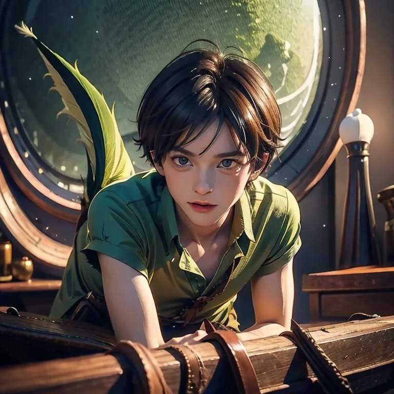 creates Peter Pan, the Disney character, with his characteristic green shirt suit yellow in tone and pointed hat with a feather on the tip, in realistic 3D illustration