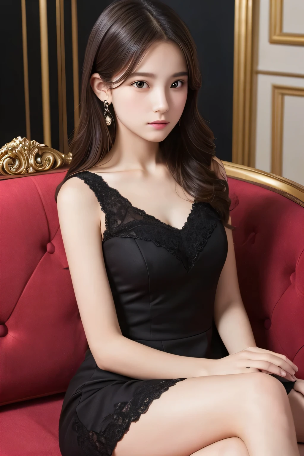 ((highest quality)), ((Photo quality)), (detailed), Perfect Face,11 years old,sofa,Thin,Black Dress