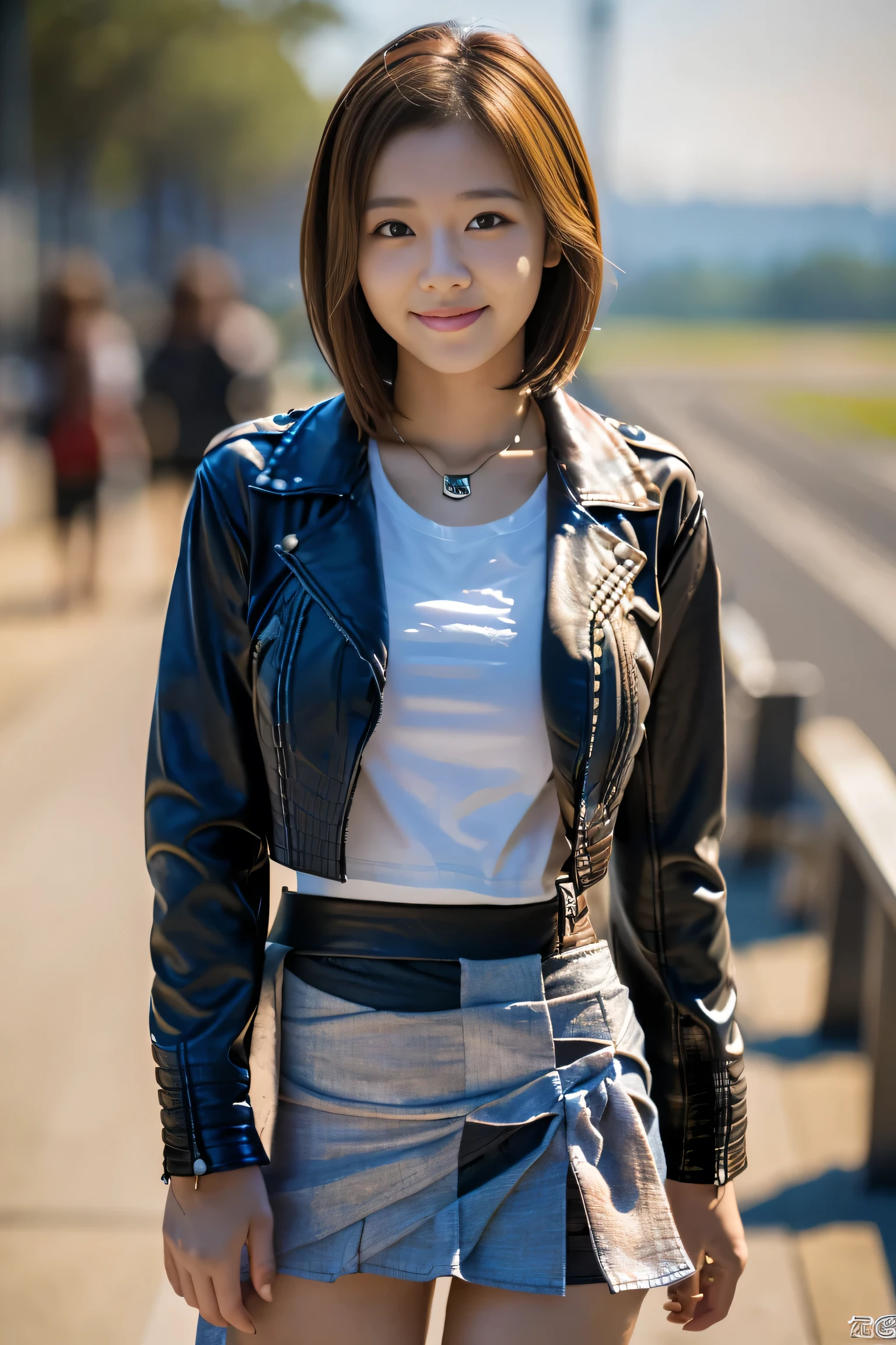 (Full body shot from head to toe:1.5),(18-year-old female),((Mini tight skirt:1.5)), (The best quality at its best:1.4), (Super detailed), (Very detailed CG unified 16k), Beautiful woman with perfect figure: 1.4, Sharp focus: 1.2, Very detailed, High-quality RAW color photos, Professional photography, Great face and eyes, Beautiful eyelashes、(Amazingly beautiful girl),((Leather jacket:1.5)), Are standing, Sexy posture，(airport:1.3), (View from below), Realistic movie faces, Realistic, ((Natural light brown hair color, Realistic blue eyes)),( Short Bob Hair:1.5), (necklace:1.5)、Very beautiful face, Perfect model beauty, Mouth swelling, Highly detailed face and skin texture, double eyelid, Medium chest, smile, (masterpiece), highest quality, High resolution, Very detailed, Blurred Background, Cinema Lighting, Great legs, Clear, well-maintained skin,