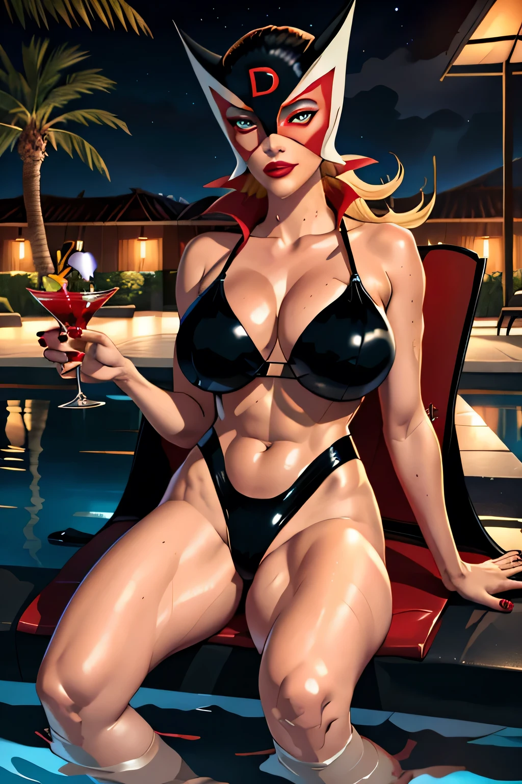 ((highest quality)), ((masterpiece)), (be familiar with), (High definition), Cinematic, (Complex:1.4), Best Shadow, Side lighting, 8K, ((Charlize Theron)), ((Doronjo)), Perfect Face, Detailed, (Accurate hand and finger depiction), (Doronjo Mask), ((Black transparent bikini swimsuit)), ((A large red D is engraved on the front of the mask)), (Blonde Long Hair), Beautifully long red nails, deep red lipstick, Sweat, (Voluptuous body), (Large Breasts:1.2)、(Cleavage), Narrow waist, Big Ass, Alluring, glamorous, ((Sitting with legs apart in a reclining chair:1.1)), ((full body)), Front view, ((Luxurious night pool)), (Tropical cocktails)