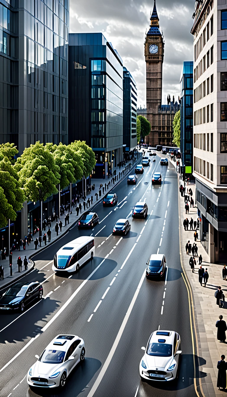 Self-Driving Vehicle Network: Prompt: A fleet of autonomous vehicles navigates the streets of London, seamlessly coordinating their movements to eliminate traffic jams and accidents. Each image should showcase a specific aspect of the UK's futuristic infrastructure, highlighting its technological advances and social benefits. The image should be visually striking and futuristic, using modern design elements and incorporating a sense of scale and grandeur. The overall aesthetic should be one of awe and inspiration, conveying the transformative power of technology and the potential for a brighter future