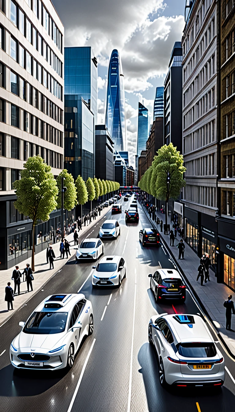 Self-Driving Vehicle Network: Prompt: A fleet of autonomous vehicles navigates the streets of London, seamlessly coordinating their movements to eliminate traffic jams and accidents. Each image should showcase a specific aspect of the UK's futuristic infrastructure, highlighting its technological advances and social benefits. The image should be visually striking and futuristic, using modern design elements and incorporating a sense of scale and grandeur. The overall aesthetic should be one of awe and inspiration, conveying the transformative power of technology and the potential for a brighter future