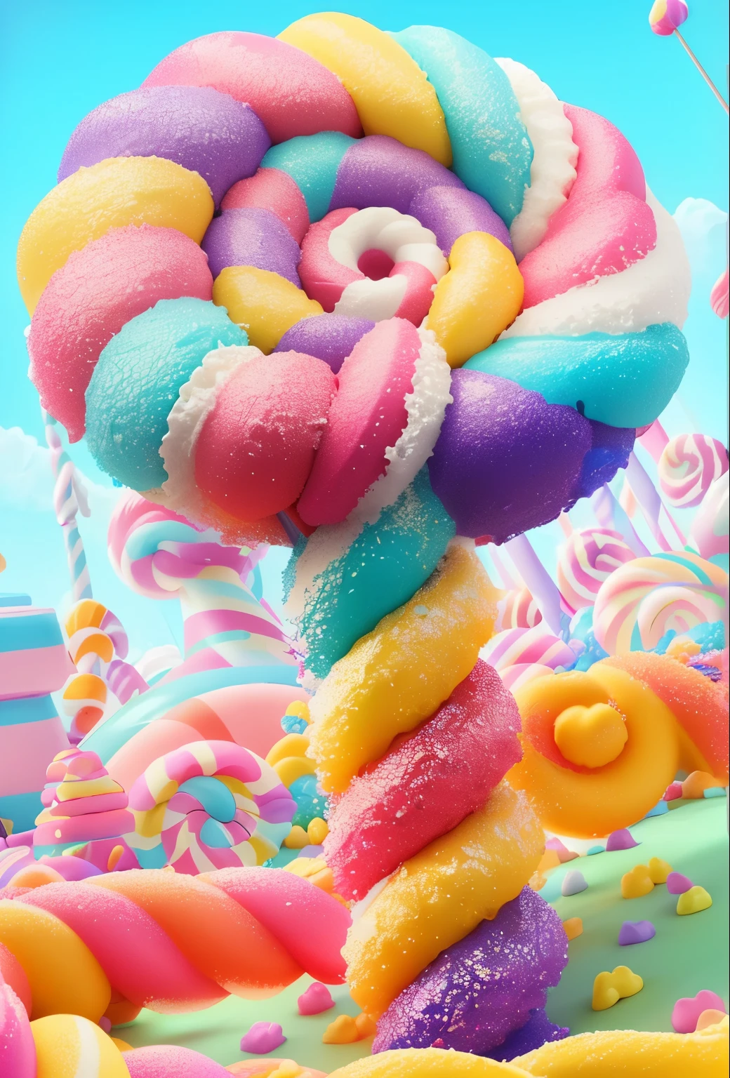 brightly colored candy land with a giant lollipop in the middle, candy forest, candyland, candy land, candy colors, candy - coated, lollipop, made of candy, cinema 4d colorful render, pastel colourful 3 d, everything is made of candy, candy pastel, candy, made of candy and lollypops, in a candy land style house, made out of sweets
