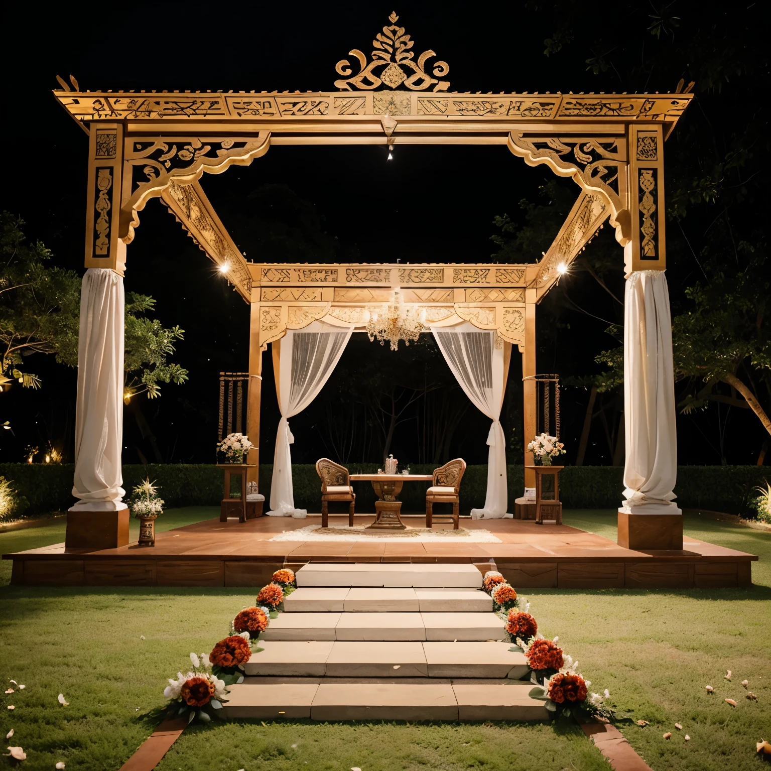 Create a grand reception stage for a Malay wedding in an outdoor open space, designed for 100 couples. The stage should have classic traditional elements, intricate decorations, ornate carvings, and cultural motifs. Remove tables to leave space for 100 couples.suasana kampung