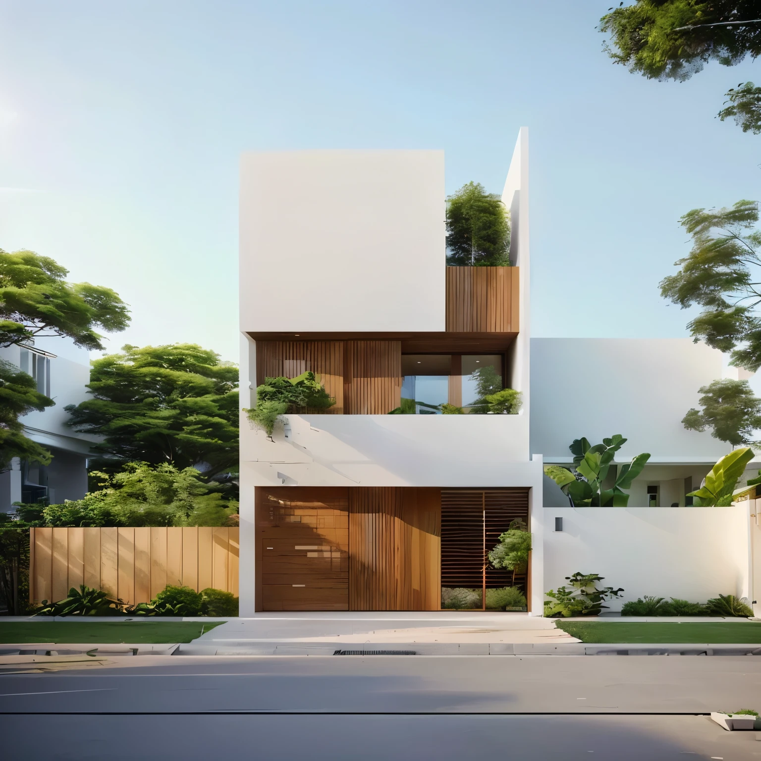 a white house with a wooden door and a balcony, realistic architecture, modern architecture design, overall architectural design, modern house, white minimalist architecture, contemporary house, architectural 3 d render, all white render, neotraditional modern minimalist, excellent 3d render, exterior design, minimalistic house in the wood, precise architectural rendering, concept house, architectural rendering, contemporary architecture